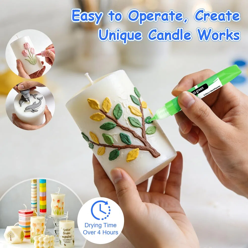 12 Pezzi Penne per Candele, 10ML Penne per Candele Colorate, Set di Penne Candela, Sicuro e Non tossico, Adatto per Dipingere e Decorare Ceramica, Cartone, Tessuto e Vetro