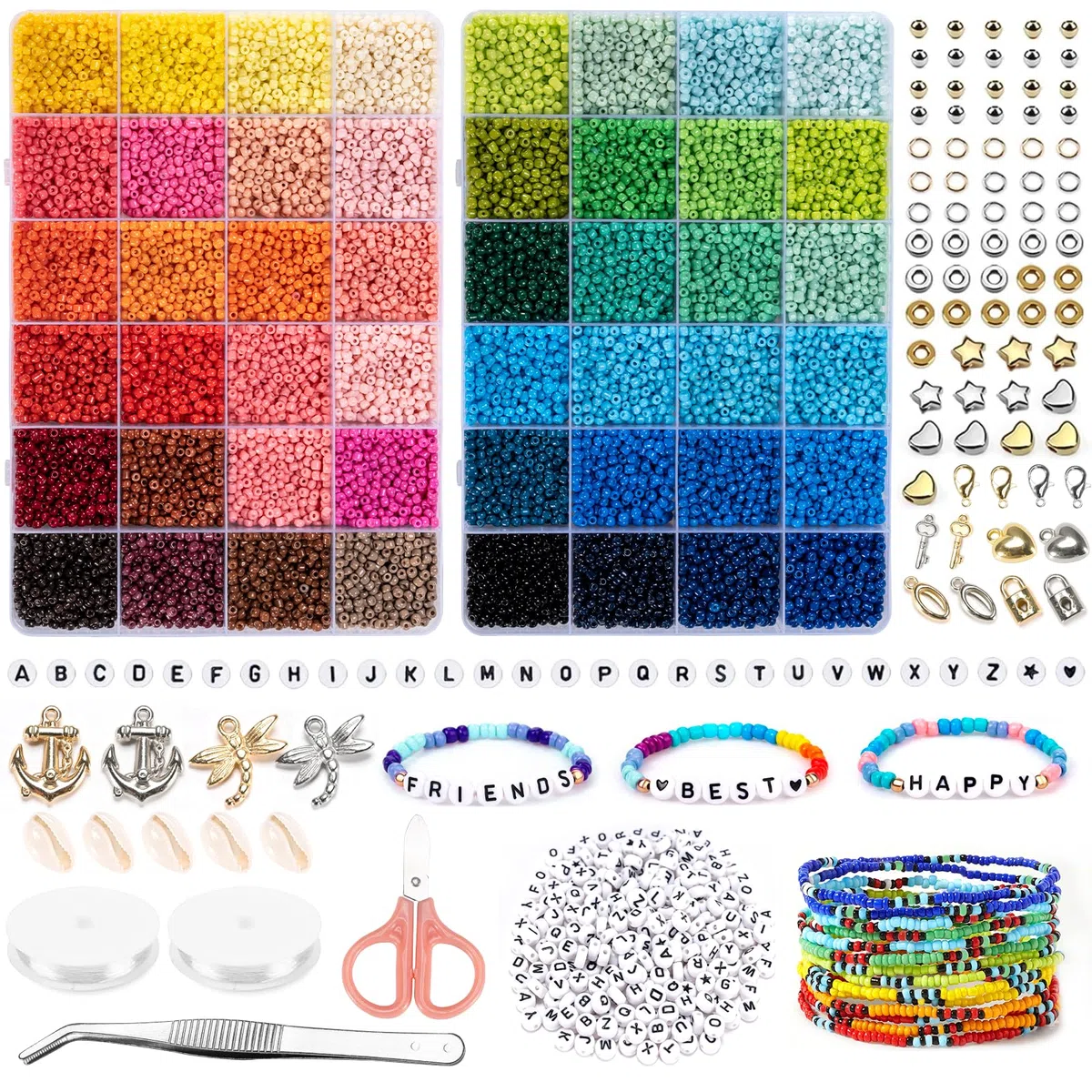 16000+ pezzi perline per braccialetti, set di perlin colorate 3 mm per infilare, 300 perline di lettere, con cordoncini elastici e forbici per bambini adulti compleanni di Natale