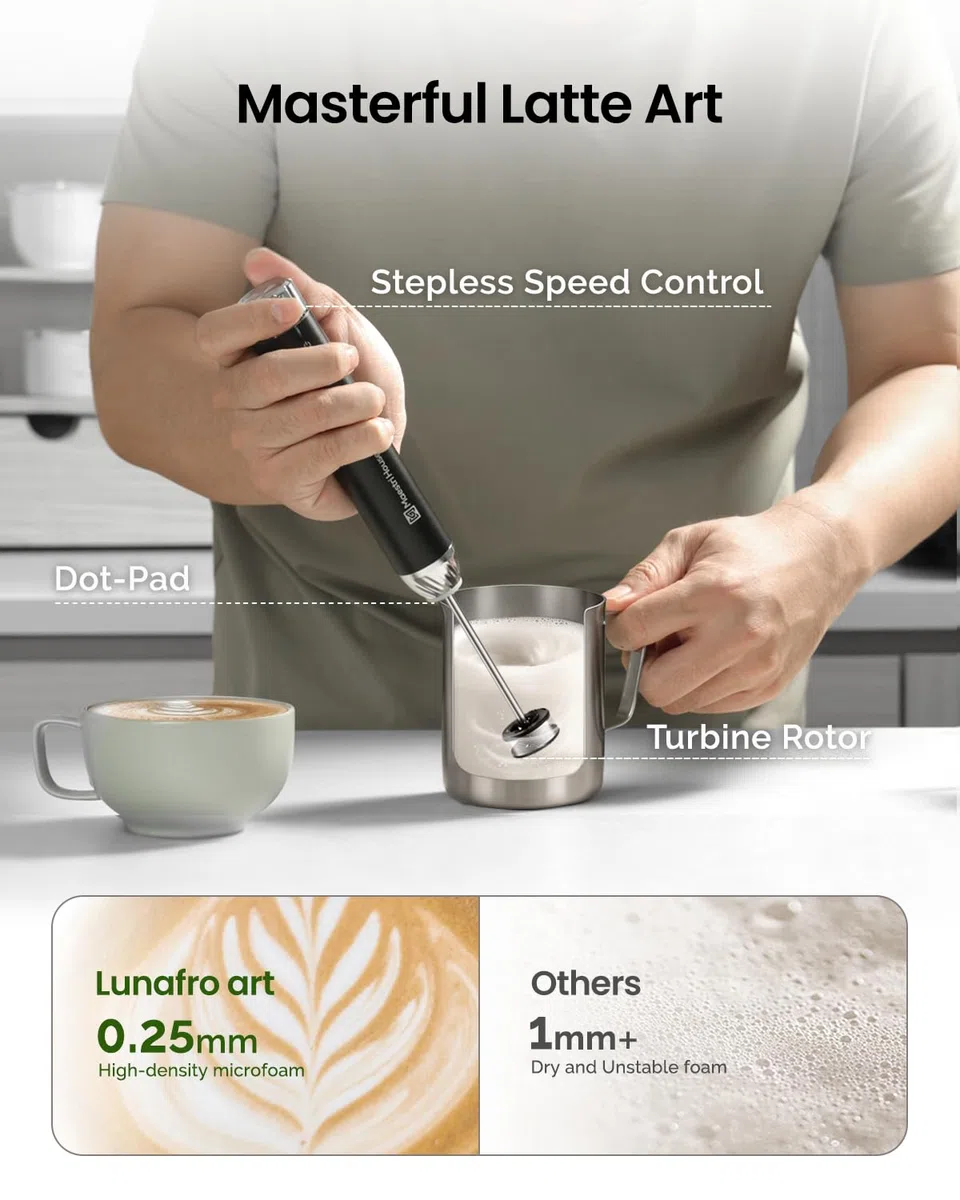 Maestri House Montalatte di qualità Barista, Montalatte portatile ricaricabile con controllo continuo della velocità, impermeabile IPX6, microschiuma di livello Latte Art per Latte e Flat White