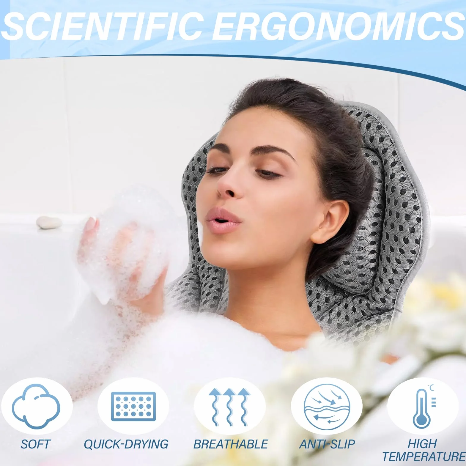 Zikenis Cuscino da Bagno con 6 Ventose Antiscivolo, Cuscino Vasca da Bagno 4D Mesh, per Ergonomici, per Collo, Schiena, Vasca e Spa di Casa