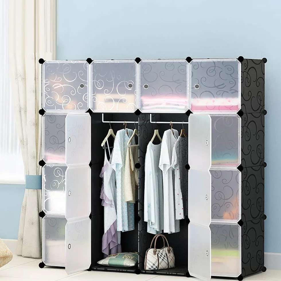 Eulenke Armadio a cubi in plastica: Sistema di 20 cubi resistenti, 2 asta per abiti, 12 porte e guardaroba. Capacità di 10 kg per cubo. Montaggio facile, accessori inclusi.