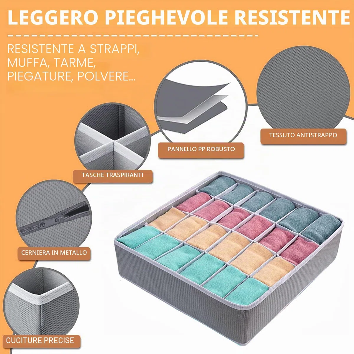 Yucch 3 Pezzi Organizer Cassetti, 24 Scomparti Pieghevole Porta Calzini da Cassetto Organizzatore Cassetti per Biancheria Mutande, Calze, Cravatte, Cinture (Grigio)