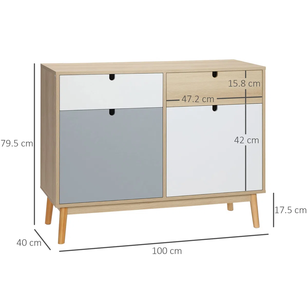 HOMCOM Mobiletto Multiuso Stile Nordico, Armadietto Due Ante con Cassetti per Cucina e Ingresso, 100x40x79.5cm, Multicolore