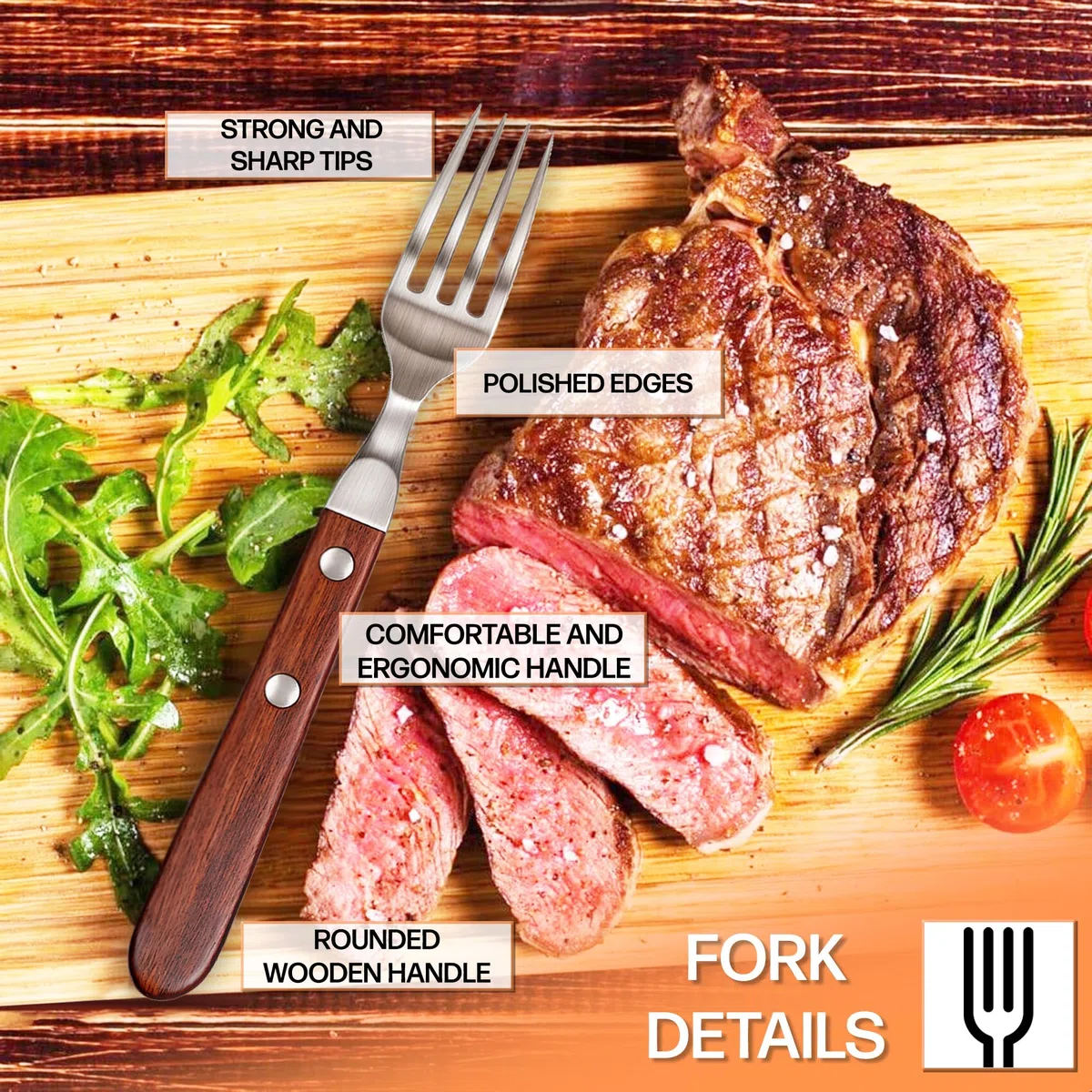 Posate da bistecca acciaio inox legno 12 pezzi con 6 pezzi di coltelli da bistecca e 6 pezzi di forchette da bistecca