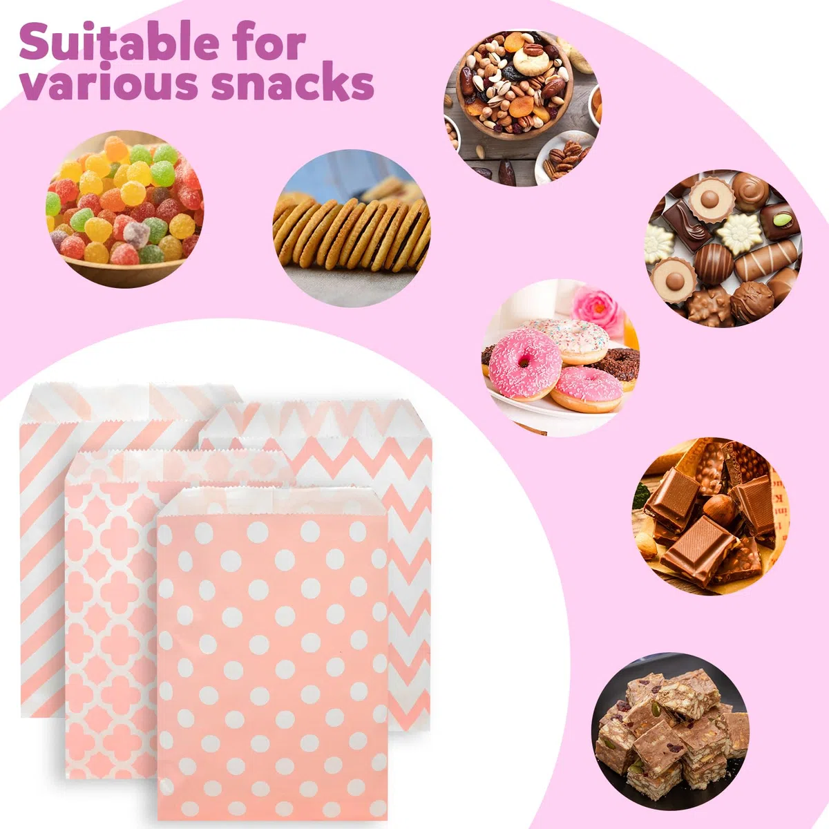 112 Accessori Candy Bar: 100 Sacchetti, 6 Pinze, 2 Paletti, 3 Fogli Adesivi e 1 Decorazione Rosa