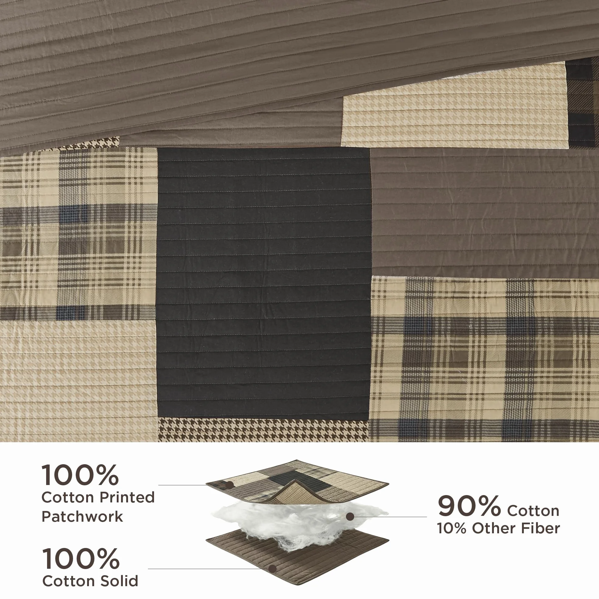 WOOLRICH Set trapunta Cottage Styling Reversed to Tinta Unita, Cotone, Plaid Tan, Oversize Cal King