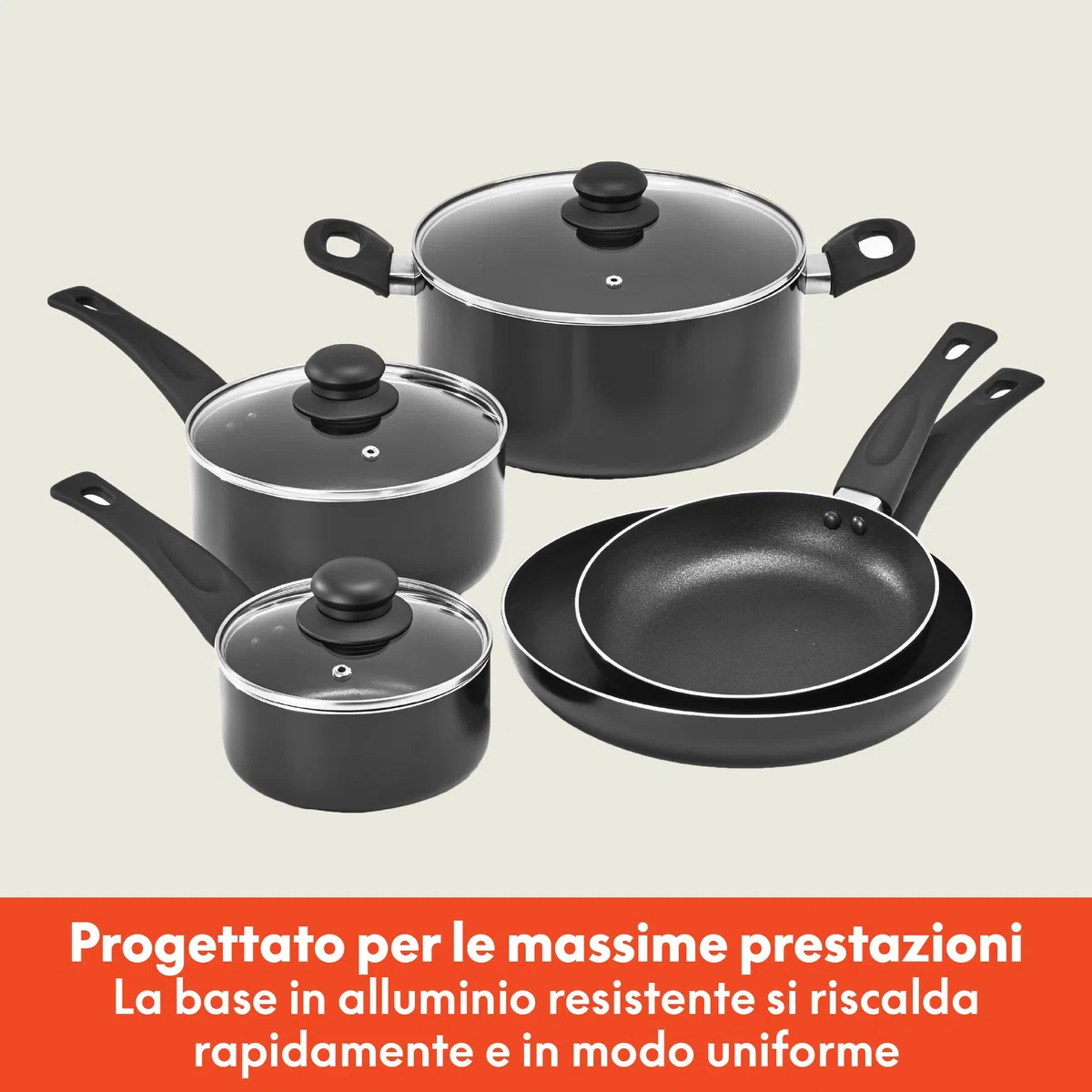 bella Set di pentole, 12 pentole e padelle con utensili, antiaderenti, senza PFOA, antigraffio, superficie di cottura compatibile con tutti i fornelli, nylon e alluminio, nero