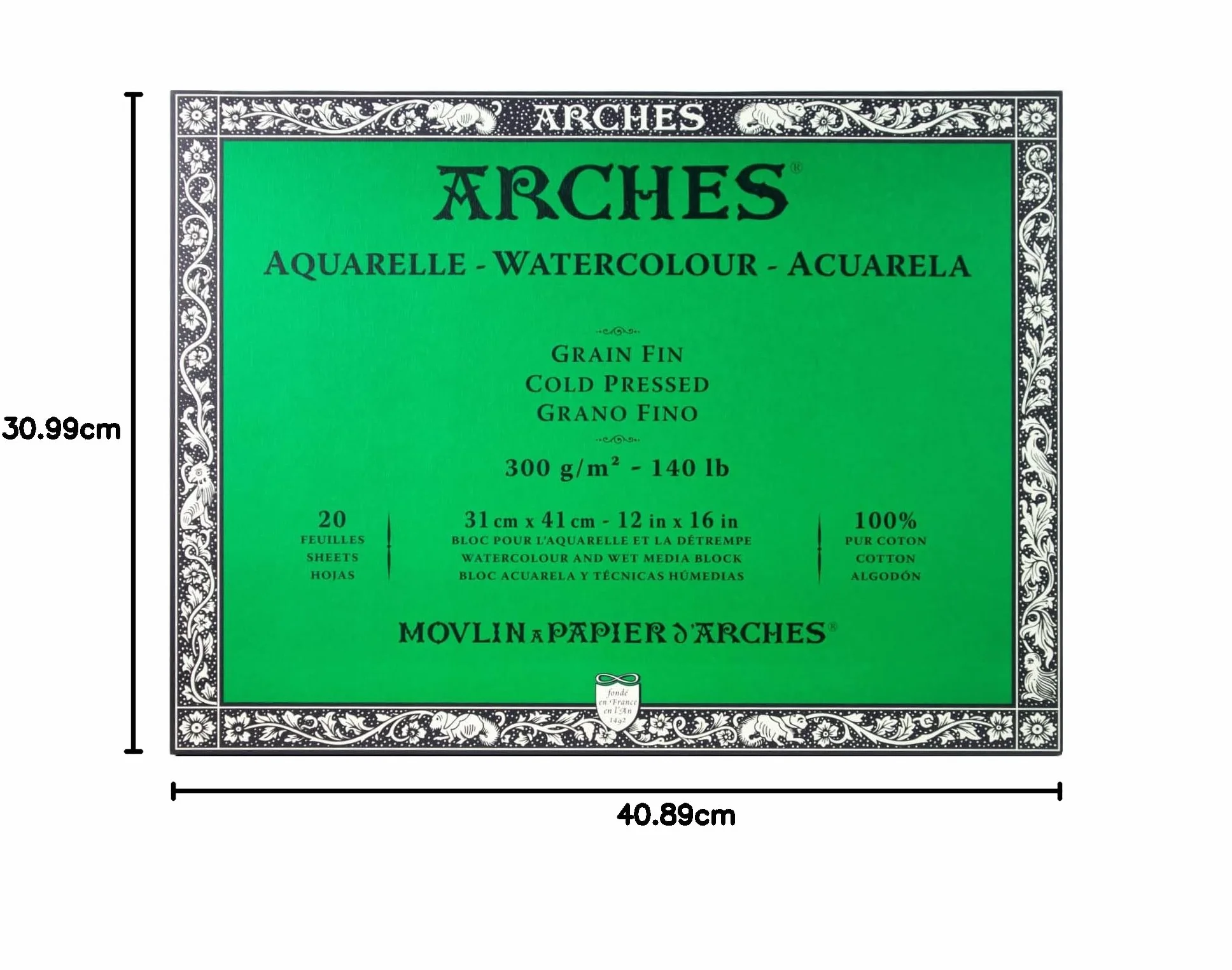 Arches Blocco Per Acquerello Incollato 4 Lati (20 Fogli) - Grana Fina - 300 G/Mq - 31X41 cm