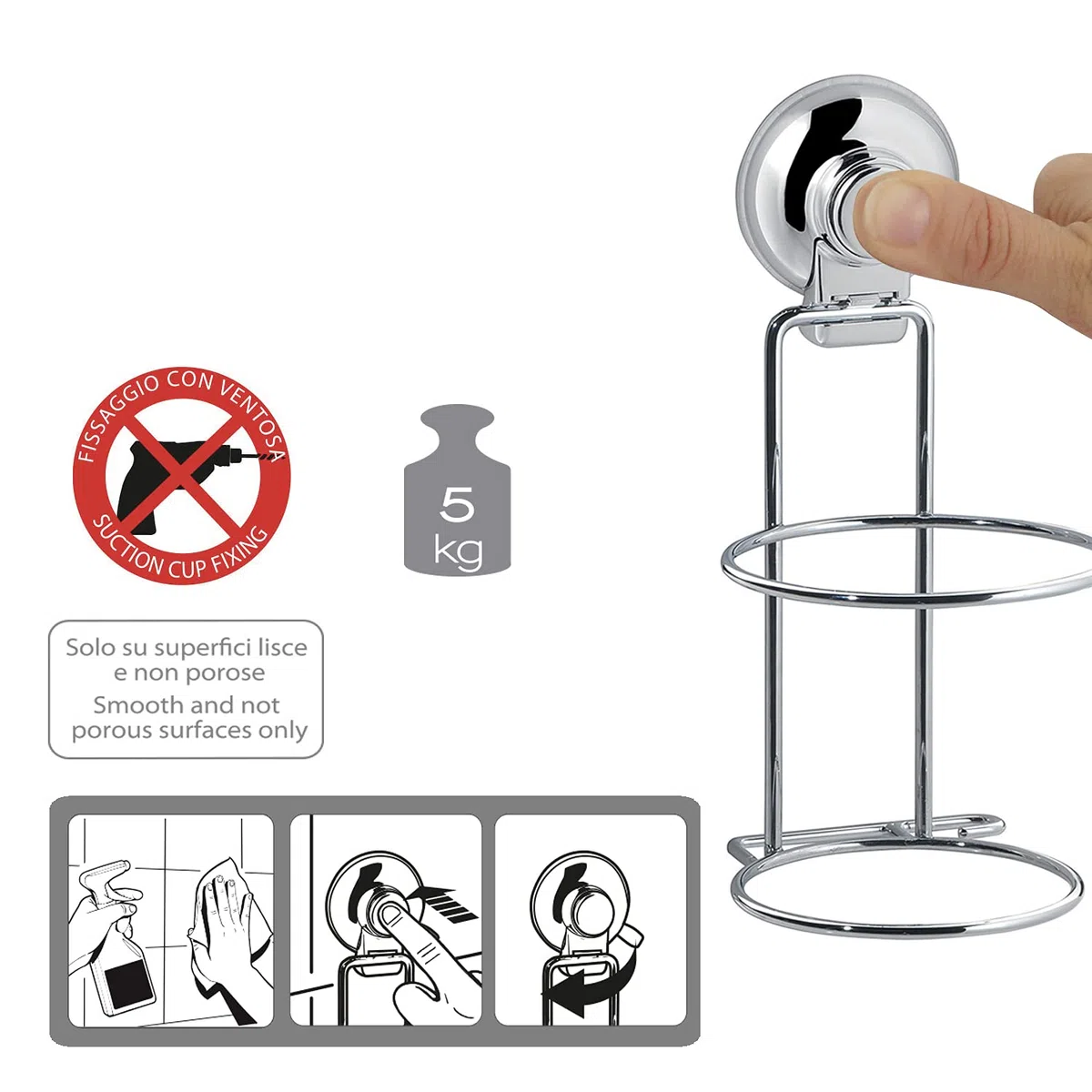 GEDY Hot Porta Asciuga Capelli Cromato Con Ventosa
