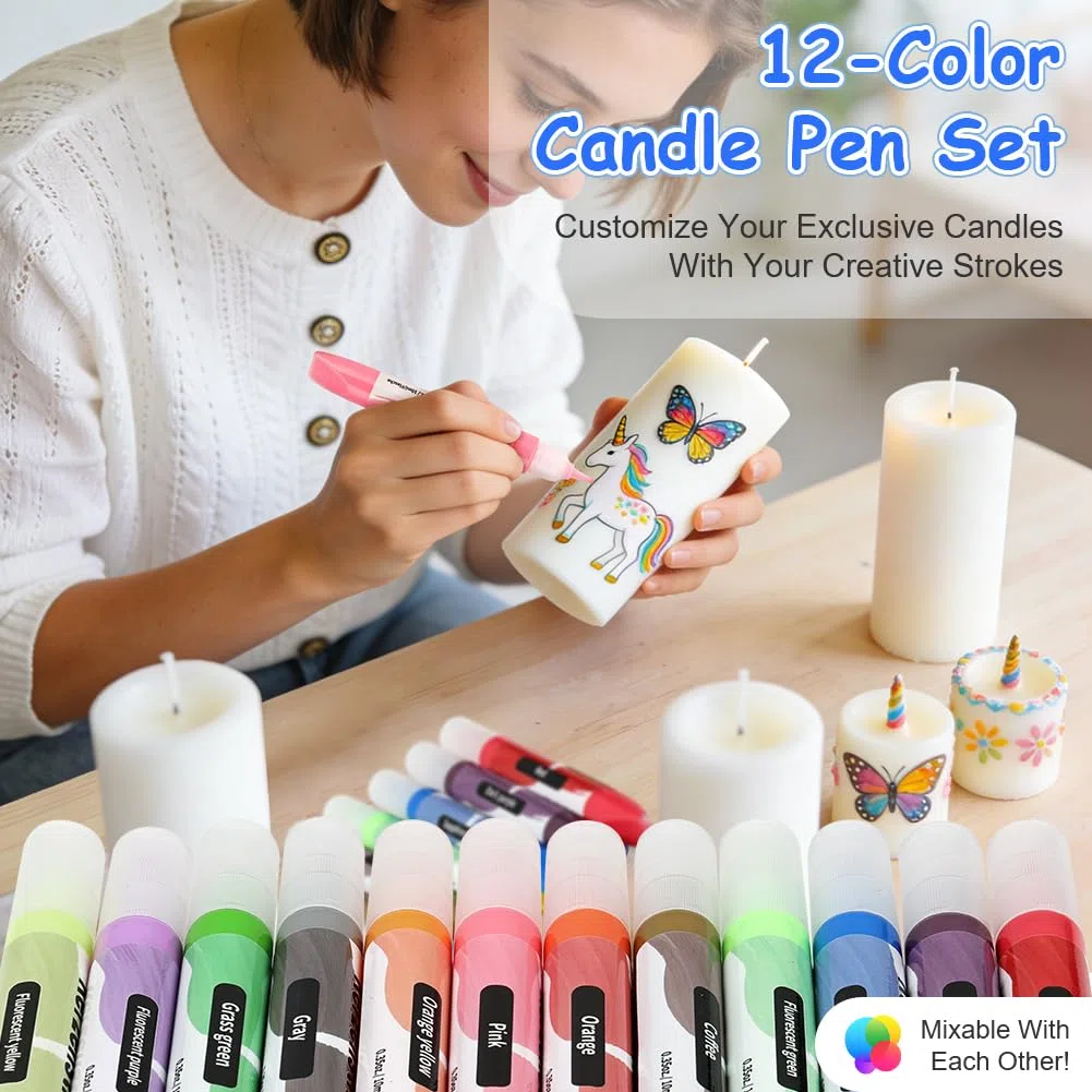 12 Pezzi Penne per Candele, 10ML Penne per Candele Colorate, Set di Penne Candela, Sicuro e Non tossico, Adatto per Dipingere e Decorare Ceramica, Cartone, Tessuto e Vetro