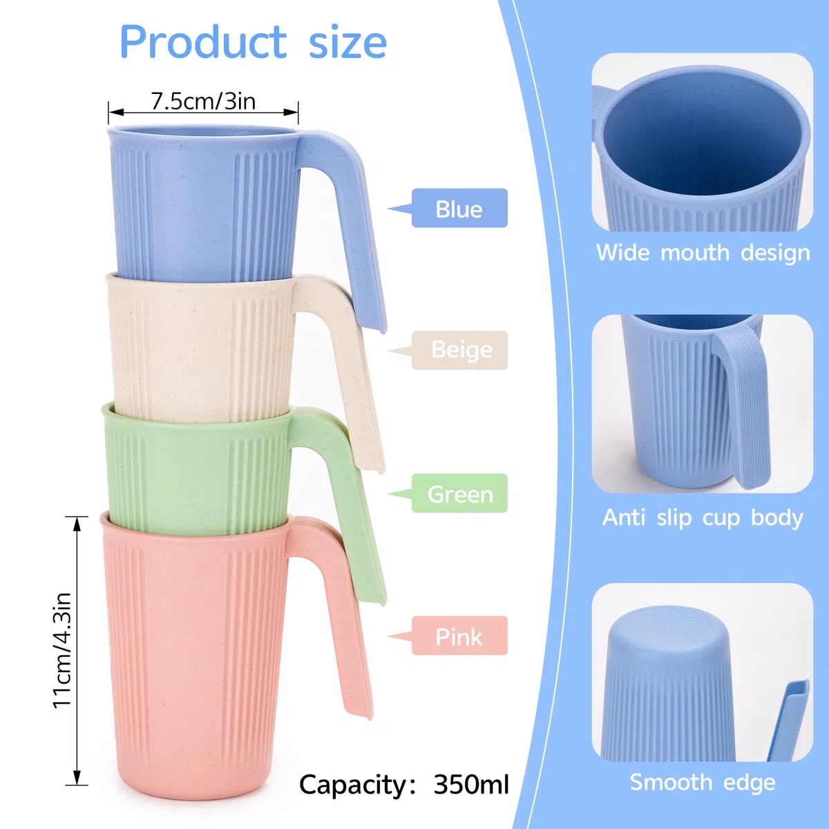 Tazza di Bevanda Infrangibile, Set di 4 Tazze di Bevanda set 350ml Tazza con Maniglia Riutilizzabile Infrangibile per I Bambini e Gli Adulti Tazze di Plastica Variopinte per Tè Caffè BPA Libero