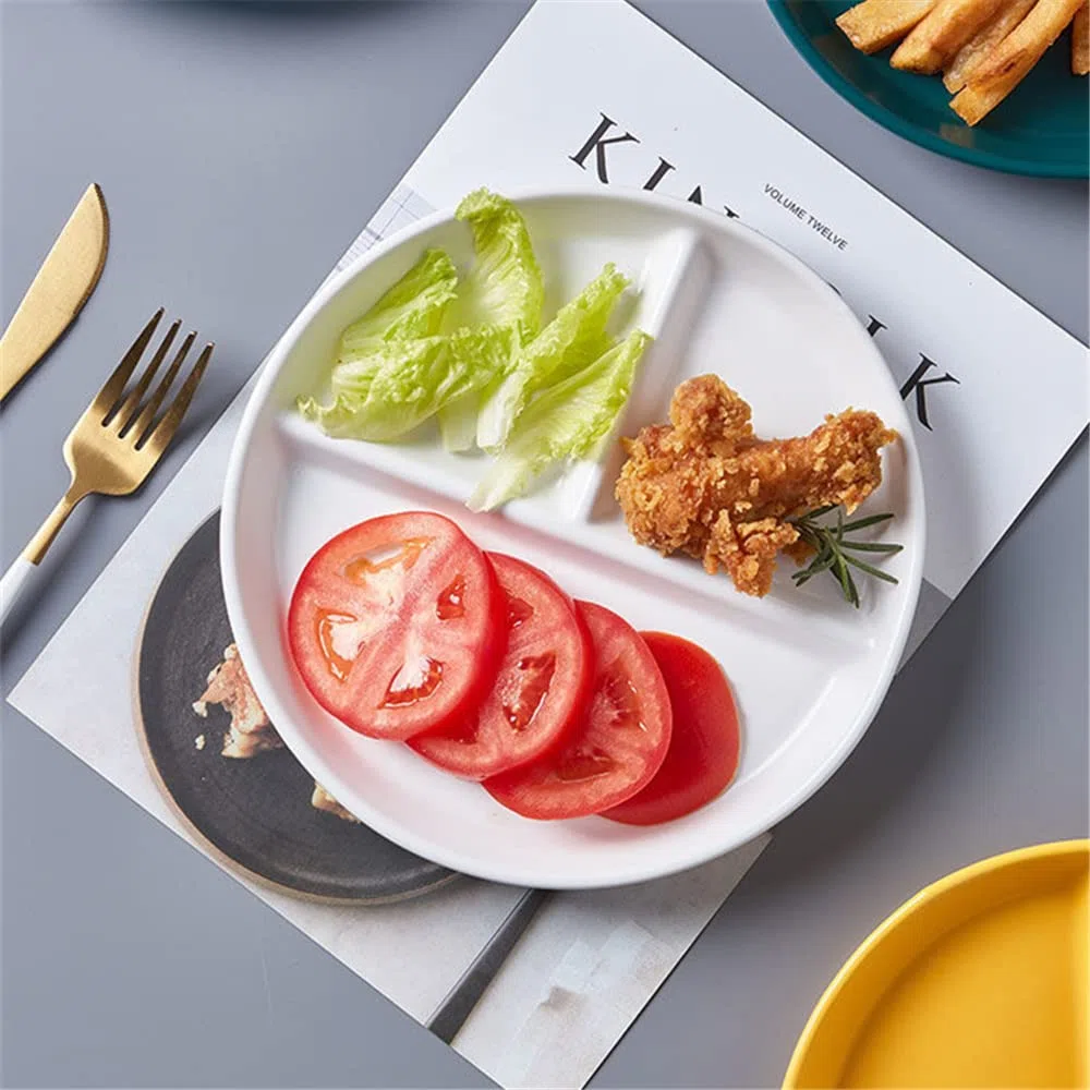 Piatto 3 Scomparti Ceramica, Piatto Diviso Dieta per Adulti, Piatti per Snack, insalata, Dessert, Spaghetti, Bistecca (8 Pollici)
