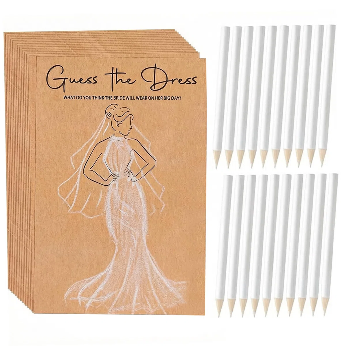 Guess the Dress - Gioco per addio al nubilato, 20 carte da gioco Guess the Dress Bridal Shower con matite da 17,8 cm, carta marrone, bianco