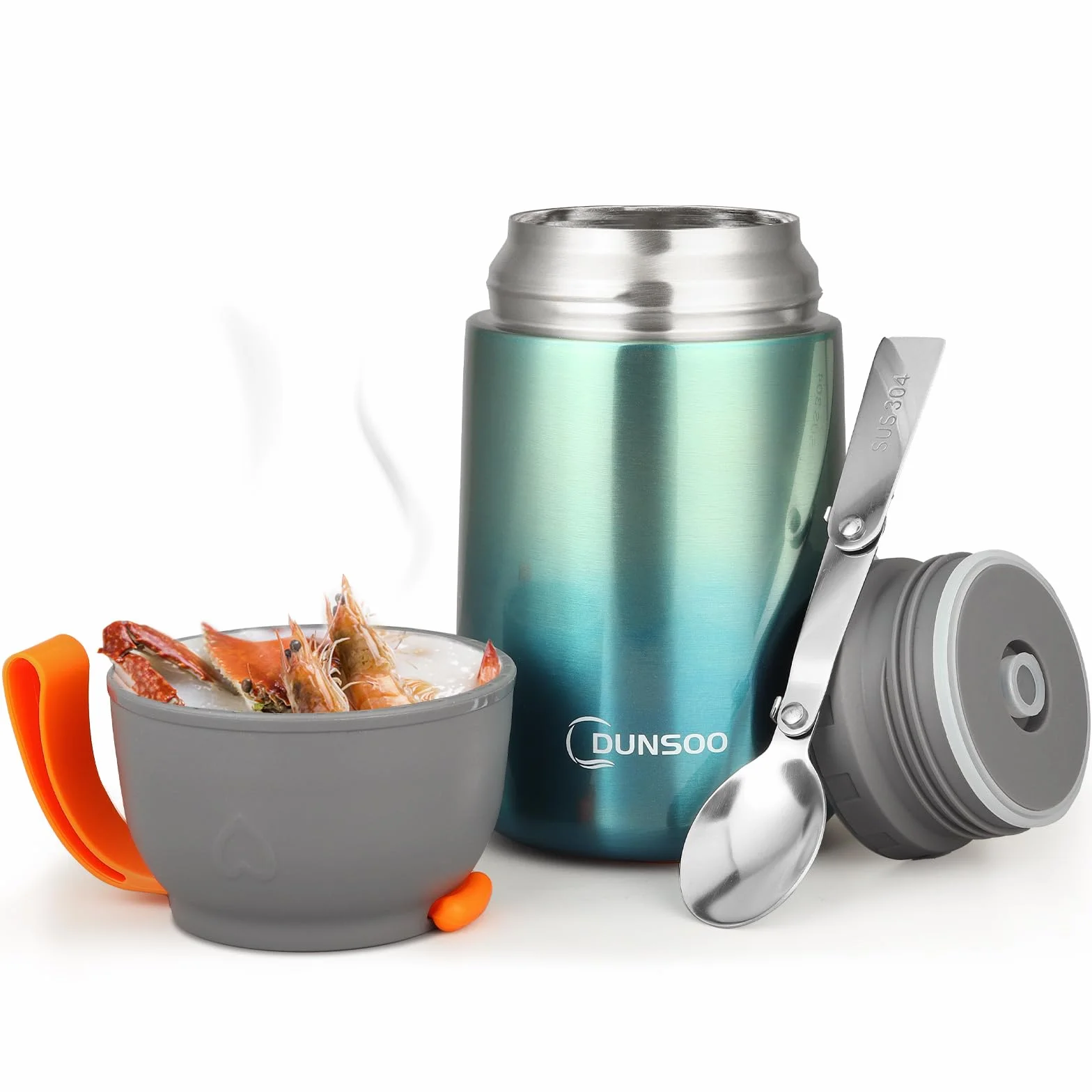 DUNSOO Contenitore termico per alimenti, 650 ml, in acciaio inox, con cucchiaio pieghevole, ideale per conservare zuppe, porridge, gelato e yogurt (verde, 650 ml)