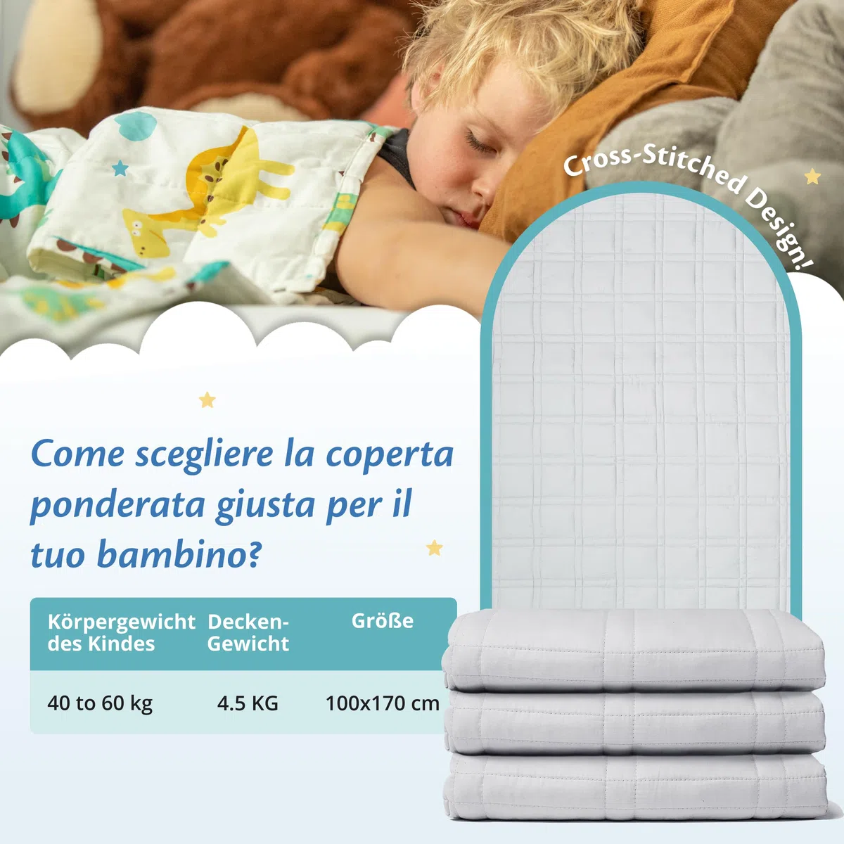 Ella Gewichtsdeken voor kinderen, 4,5 kg, 100 x 170 cm, therapiedeken, voor stressvermindering en angst, hypoallergene glazen kralen, zachte en verkoelende katoenen buitenlaag, voor kinderen van 40-60