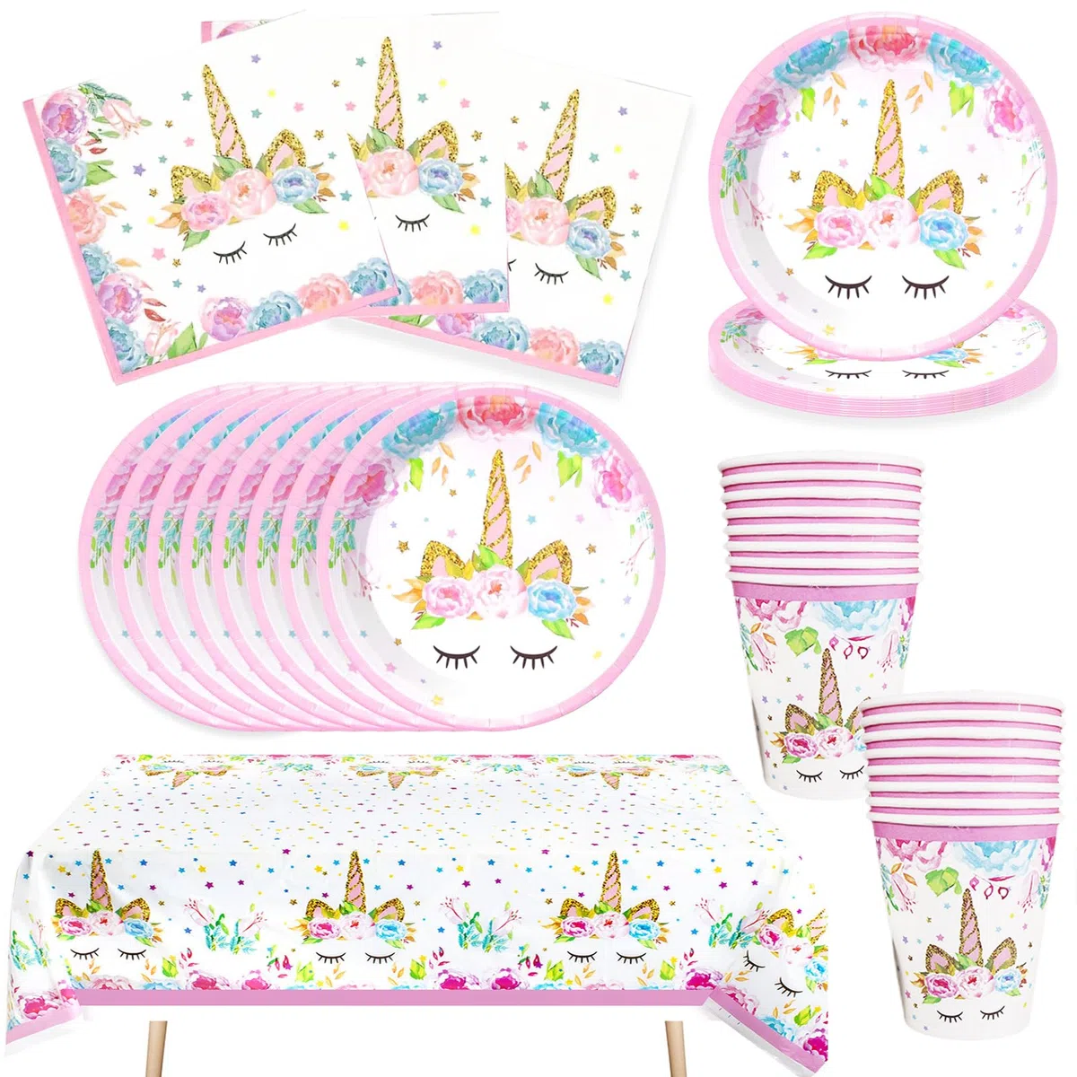 Bikasun Set di stoviglie per feste con unicorno, 16 ospiti, set di piatti con unicorno, per compleanno, per bambini, piatti di carta, tovaglioli, tovaglioli, decorazione per feste