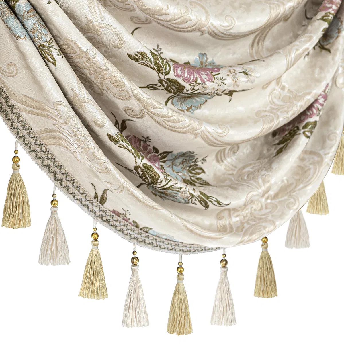 Mantovana a Cascata per Finestre, Mantovana Floreale con Nappe, Tenda Corta Jacquard per Camera da Letto Soggiorno Cucina (Larghezza 150cm, Beige)