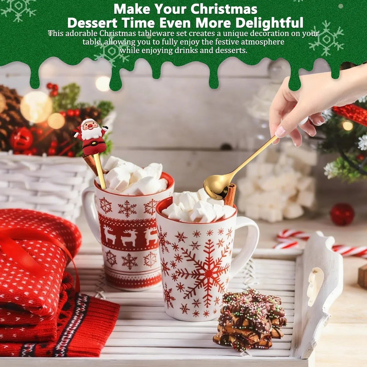Set Posate Natalizie in Acciaio Inox da 6 Pz, Cucchiaio e Forchetta Natalizi, Cucchiaini da Tè e Caffè con Simpatica Decorazione 3D, Cucchiaino Natale per Dessert Regalo per Festa Compleanno