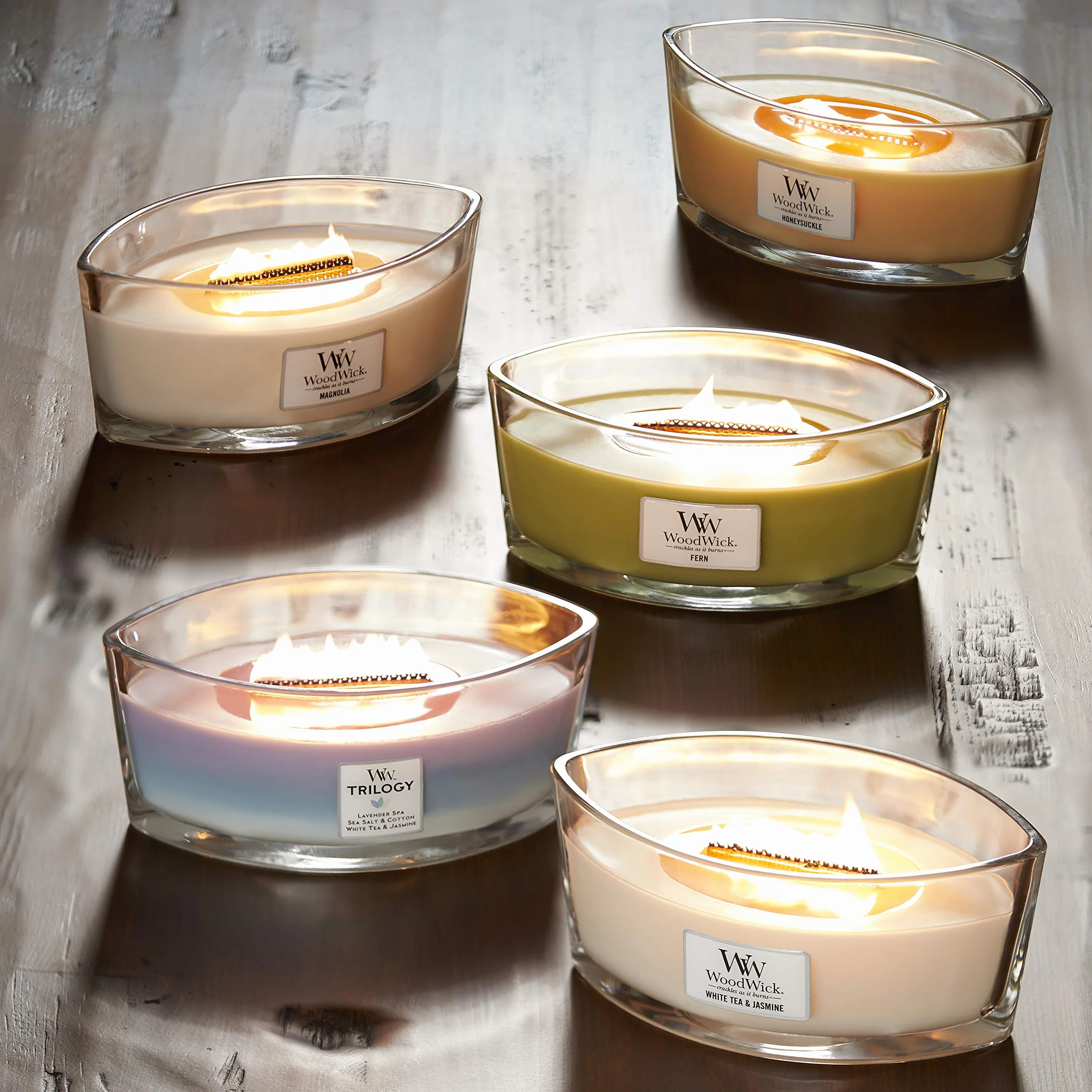 WoodWick Ellipse Trilogy candela profumata con fiamma HearthwickRifugio di pace