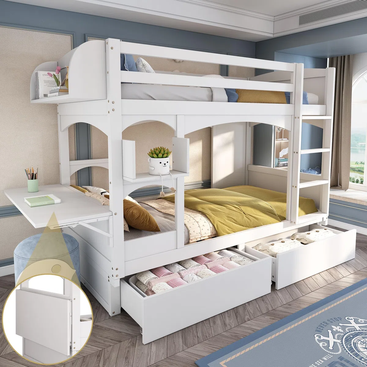 Letto a castello per bambini, 90 x 200 cm, letto matrimoniale, con scrivania pieghevole e mensola, con scala e 2 cassetti, senza materasso, legno massello, bianco