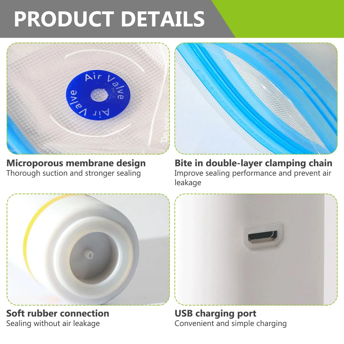 BAIFULAI Macchina sottovuoto con 15 sacchetti sottovuoto, mini sottovuoto portatile per uso domestico, 3 misure, USB ricaricabile, plastica, bianco, manuale, 5 volts