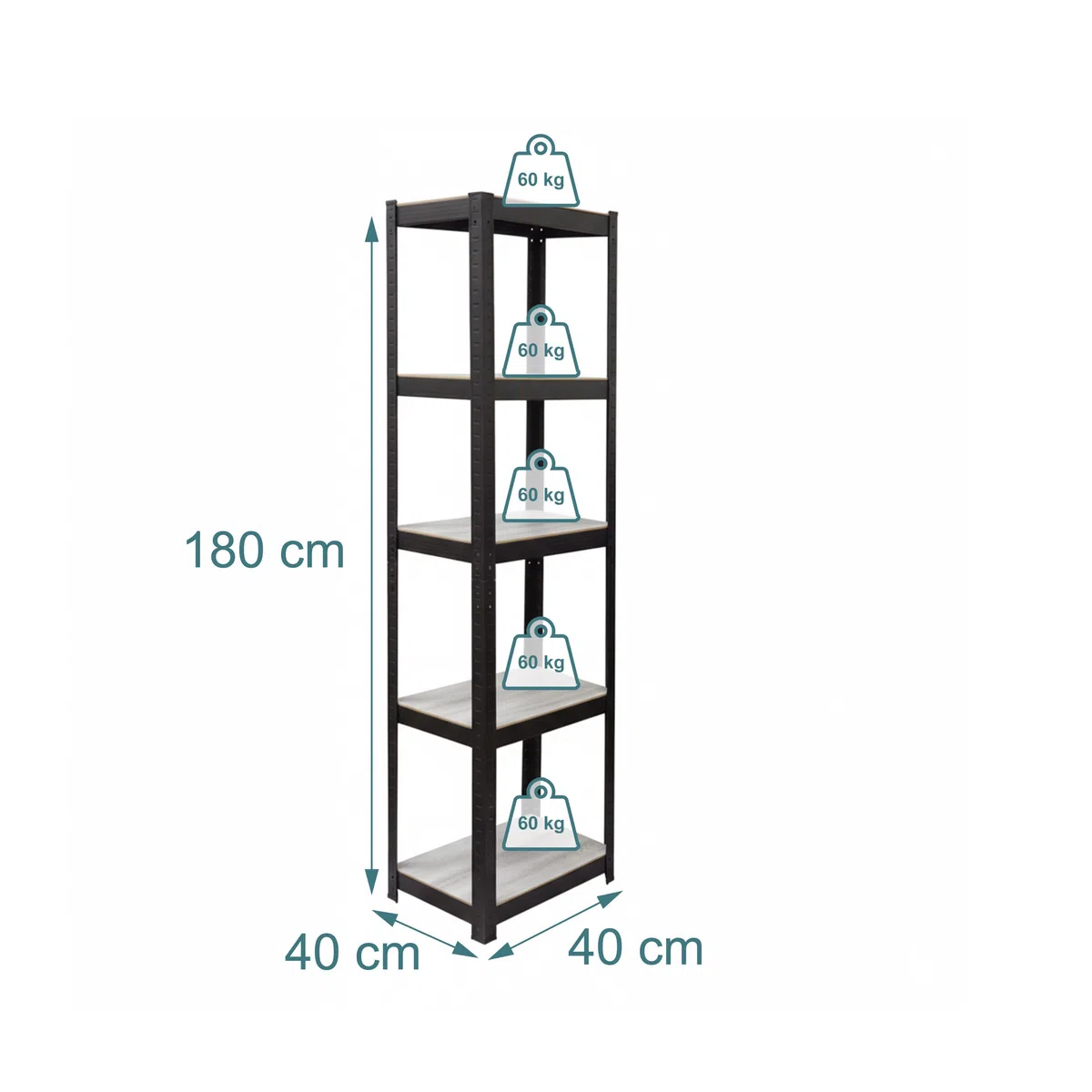 Relaxdays Scaffale, HxBxT: 180 x 40 x 40 cm, 5 Ripiani, 300 kg, per Ufficio, Cantina, Grigio/Nero
