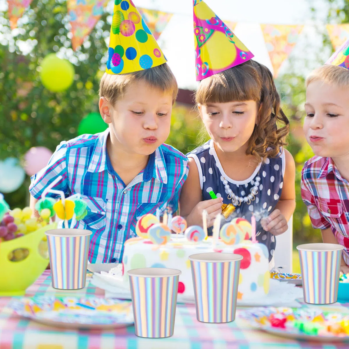 Bicchieri di carta colorati, 50 pezzi, 250 ml/9 oz, bicchieri di carta per bambini, bicchieri di carta, per matrimoni, feste, bicchieri di carta, in argento olografico, per compleanno
