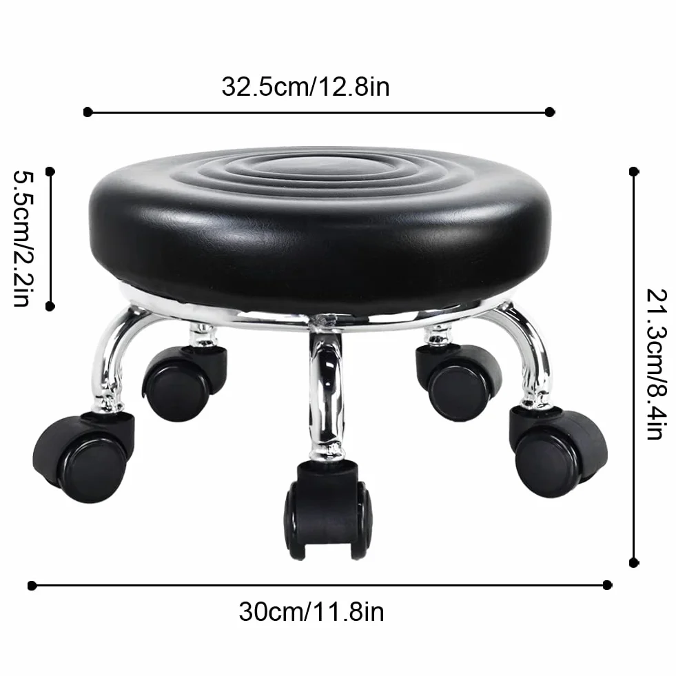 WKWKER moderno sedile a rullo in pelle PU basso rotonda sgabello girevole piccolo sgabello con ruote girevoli universali per home office garage negozio fitness sport, H: 21,3 cm (nero)
