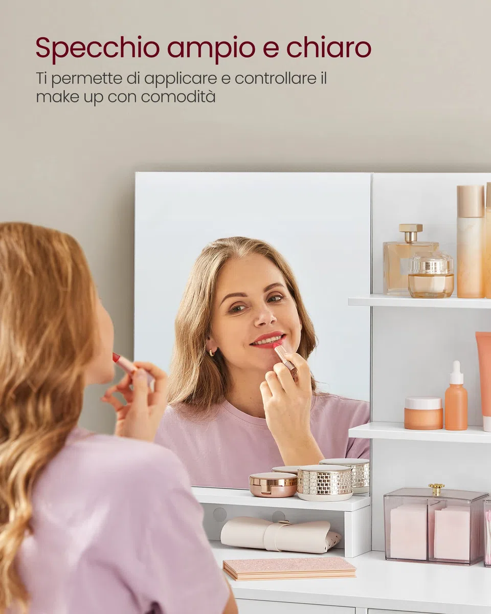 VASAGLE KAILYN Collezione - Toeletta, Tavolo da Trucco con Specchio Grande, Scomparto con 2 Ripiani Regolabili, 1 Cassetto, 2 Mensole, Postazione Trucco Moderna, Bianco RDT119W01