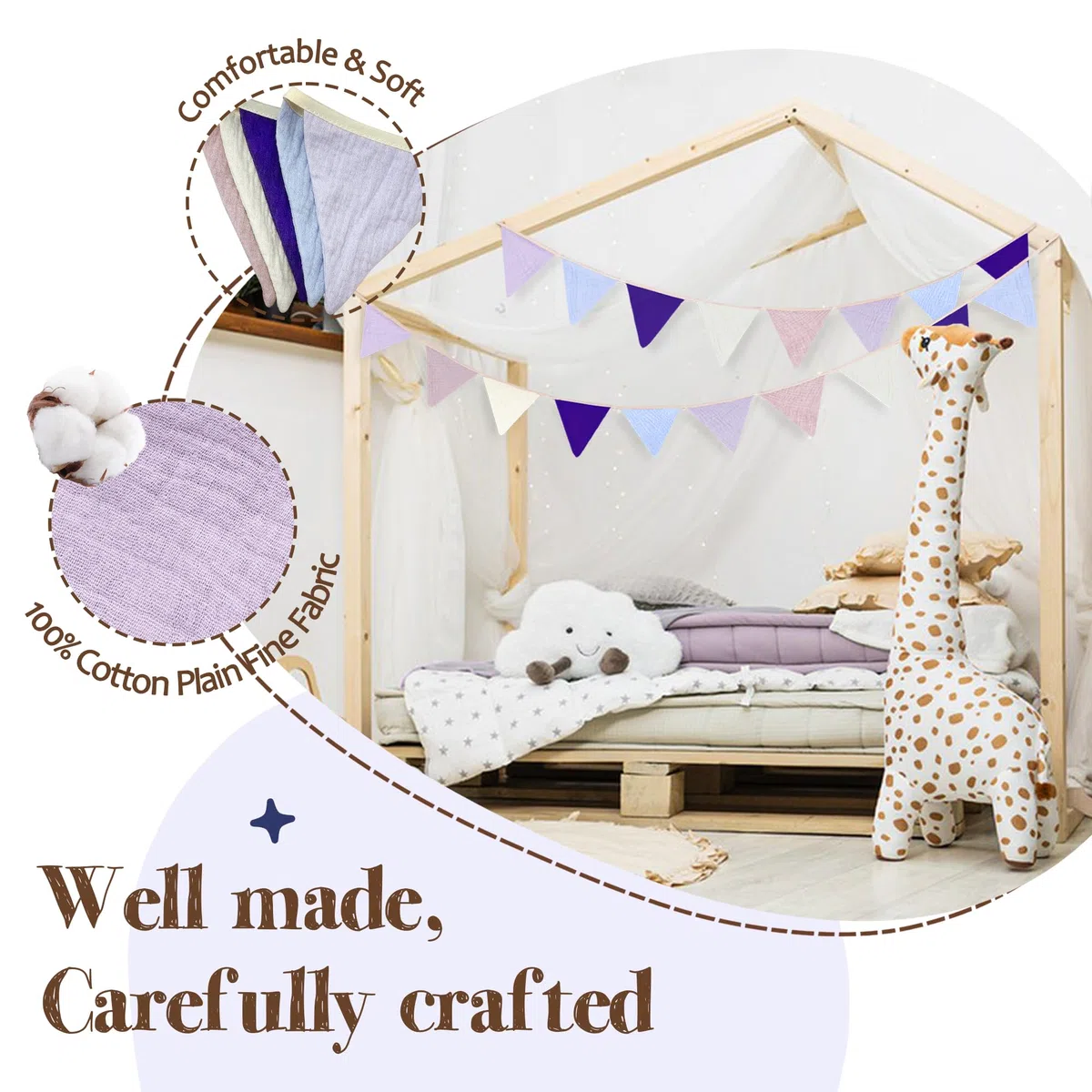 Bandierine per Cameretta dei Bambini, 2.8M Bandierine Colorate in Tessuto, Ghirlanda per la Cameretta dei Bambini, Decorazione da Parete per feste e compleanni (viola)