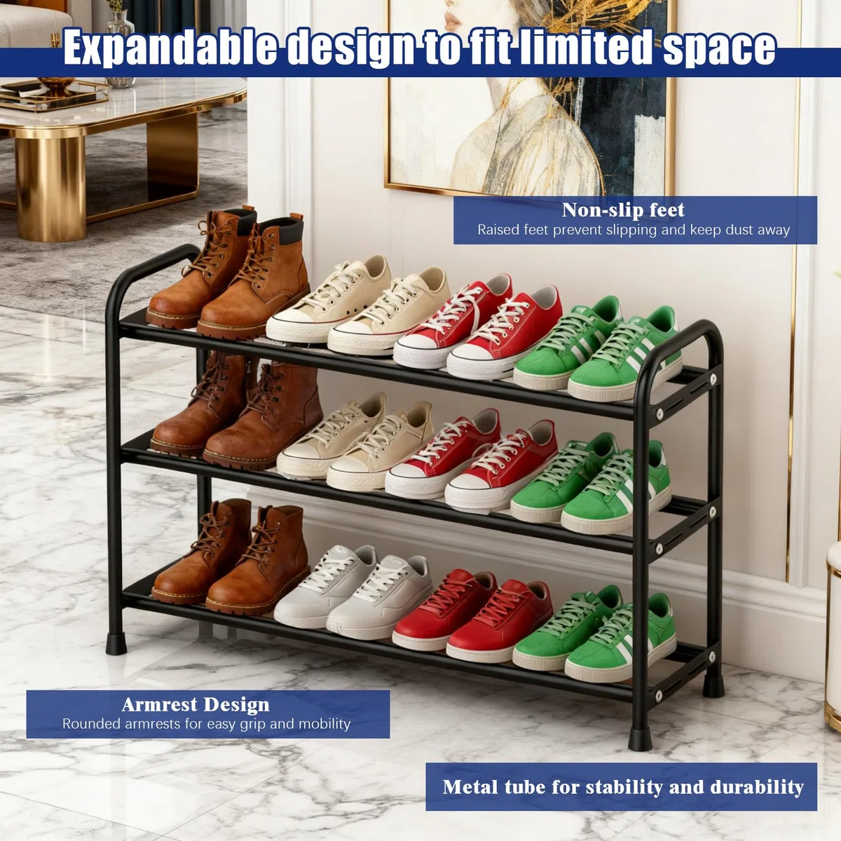 Rastrelliera Scarpe, Scarpiera Espandibile, Scaffale Porta Scarpe in Metallo a 3 Ripiani, Organizzatore per Scarpe Regolabile Nero, Organizer Scarpe Ideale per Corridoio, Armadio, Ingresso