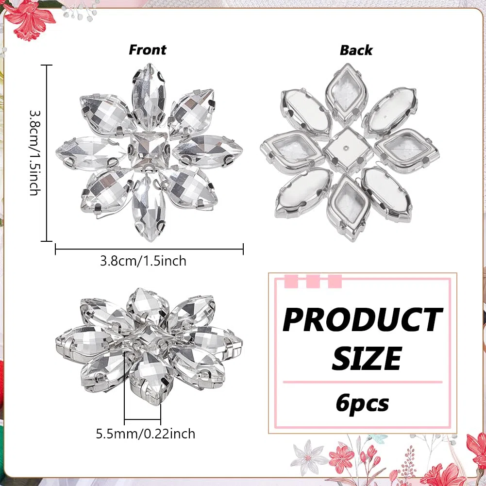 FINGERINSPIRE 6 Pz Applique con Strass Hotfix a Forma di Fiore 38x38mm Cabochon in Strass Trasparenti Platino Toppe da Stirare/Cucire Toppe di Cristallo a Forma di Fiore per Abiti da Sposa da Sposa