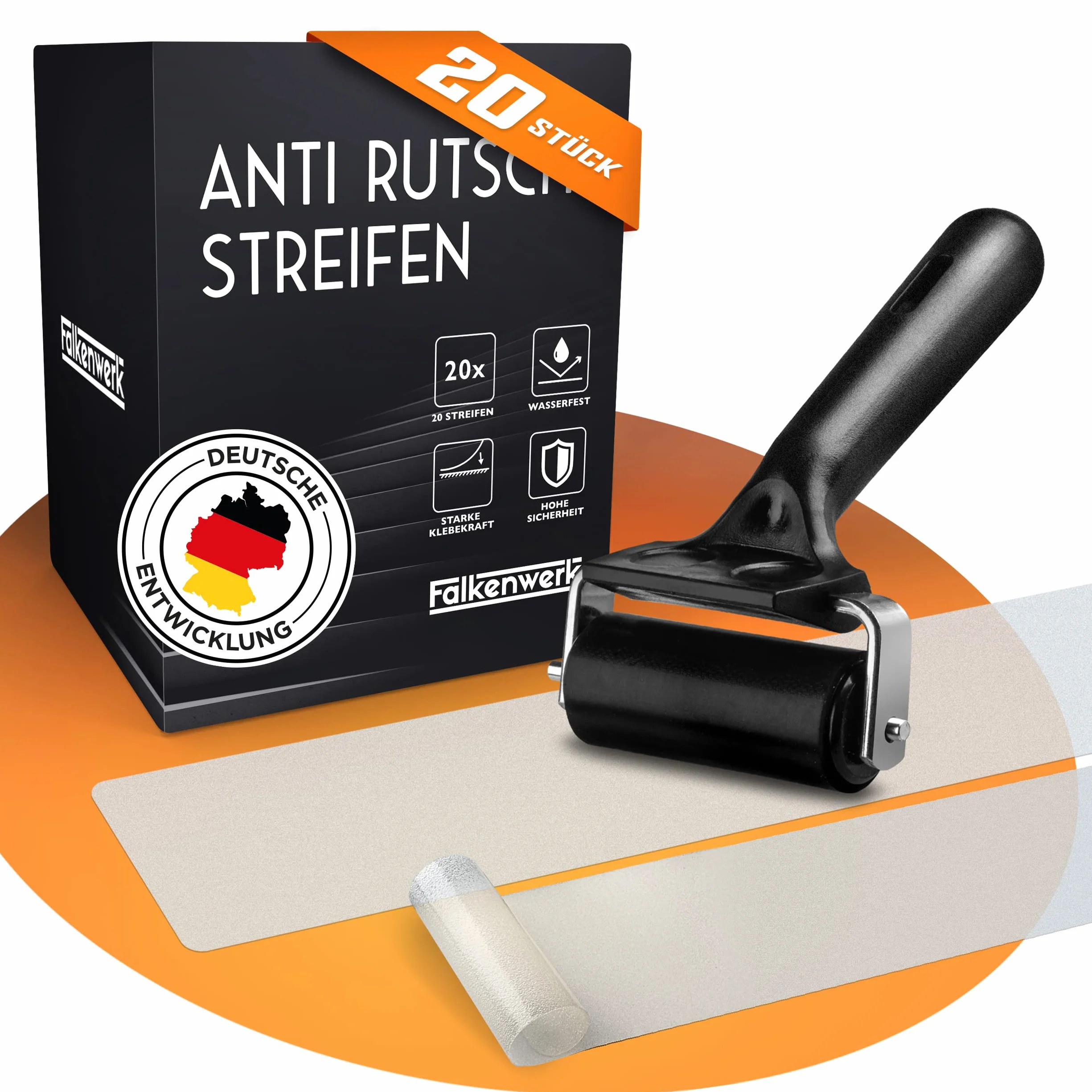 LIEBTHAL FALKENWERK - Strisce antiscivolo per scale [20 pezzi] - Strisce antiscivolo autoadesive e trasparenti [15x90 cm] - Antiscivolo per scale impermeabile con rullo di spatolamento