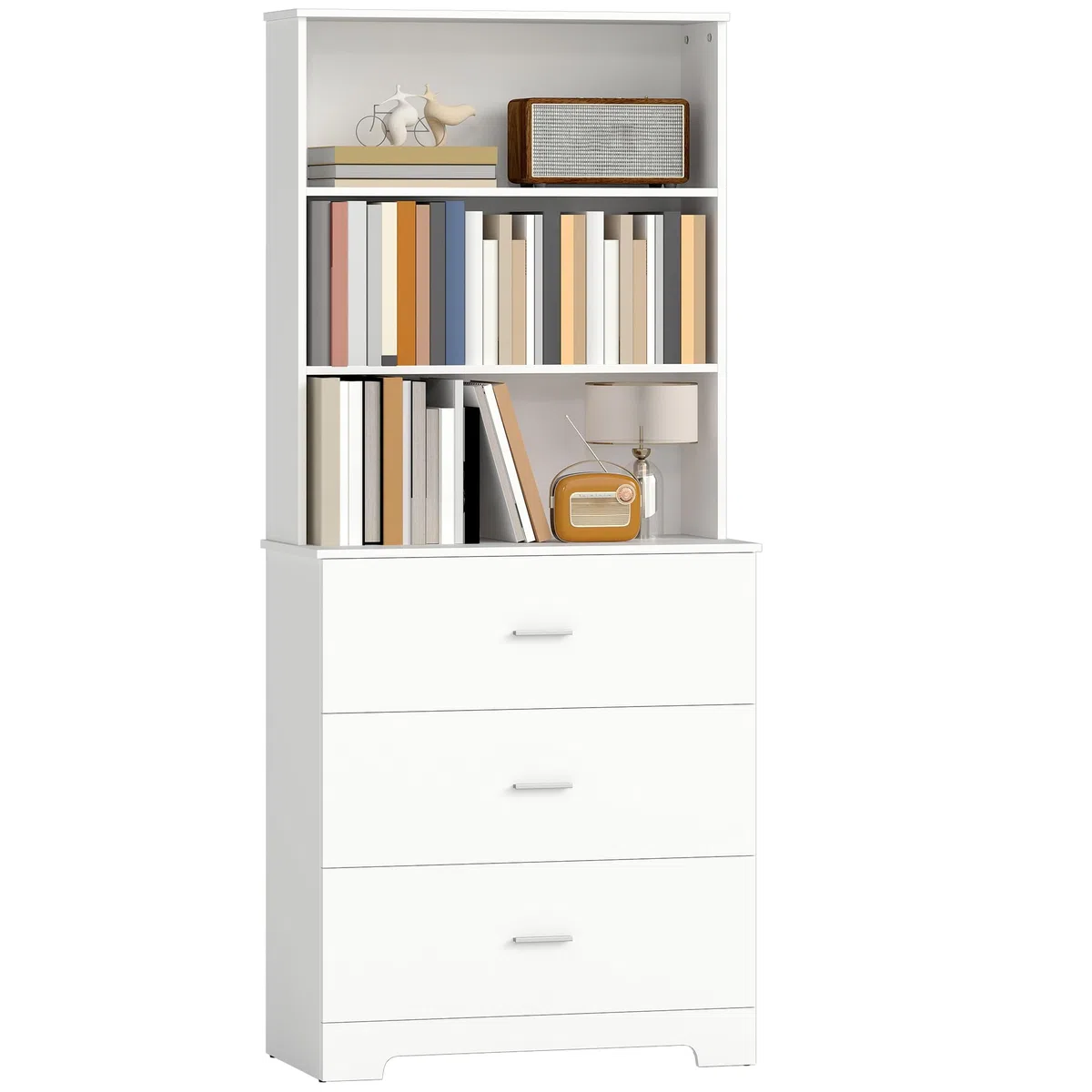 HOMCOM Libreria Scaffale Alta 182.2 cm a 3 Ripiani Aperti e 3 Cassetti, Libreria Verticale Salvaspazio, Mobile Portaoggetti in Legno per Soggiorno, Camera da Letto, Studio e Ufficio, Bianco