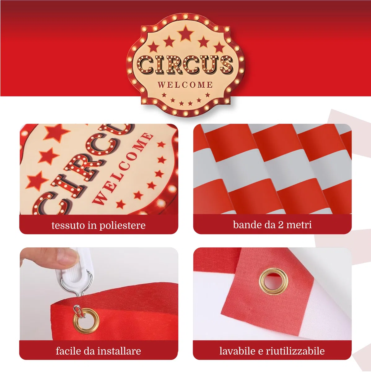 Tende Decorazioni di Compleanno Circo Sfondo Fotografico 2 Metri in Tessuto Lavabile e Riutilizzabile, per Interno ed Esterno, Ideale per Festa Bambini e Decorazione casa