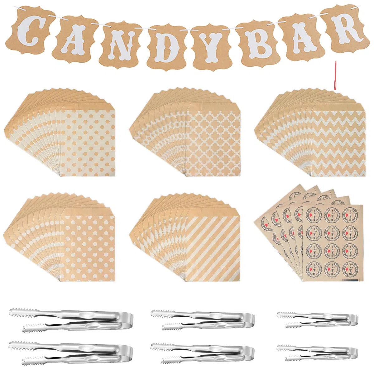 Candy Bar Accessori 72 pezzi, contiene 60 sacchetti Candy Bar e 6 pinze per zucchero, 5 adesivi e 1 ghirlanda decorativa Candy Bar, set di decorazioni per buffet, barbecue, caramelle, bar,