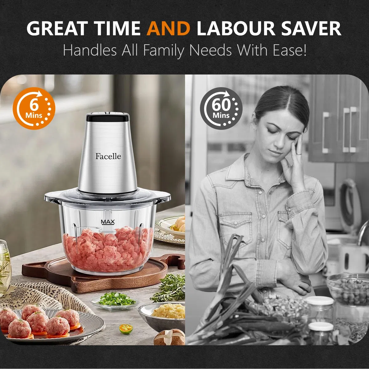 Tritatutto da Cucina Elettrico, Facelle Frullatore Tritatutto Multifunzione, 500W Mixer Cucina da 2 Litri, Robot da Cucina per Verdure, per Carne/Verdura/Frutta/Noci/Cibo per Bambini