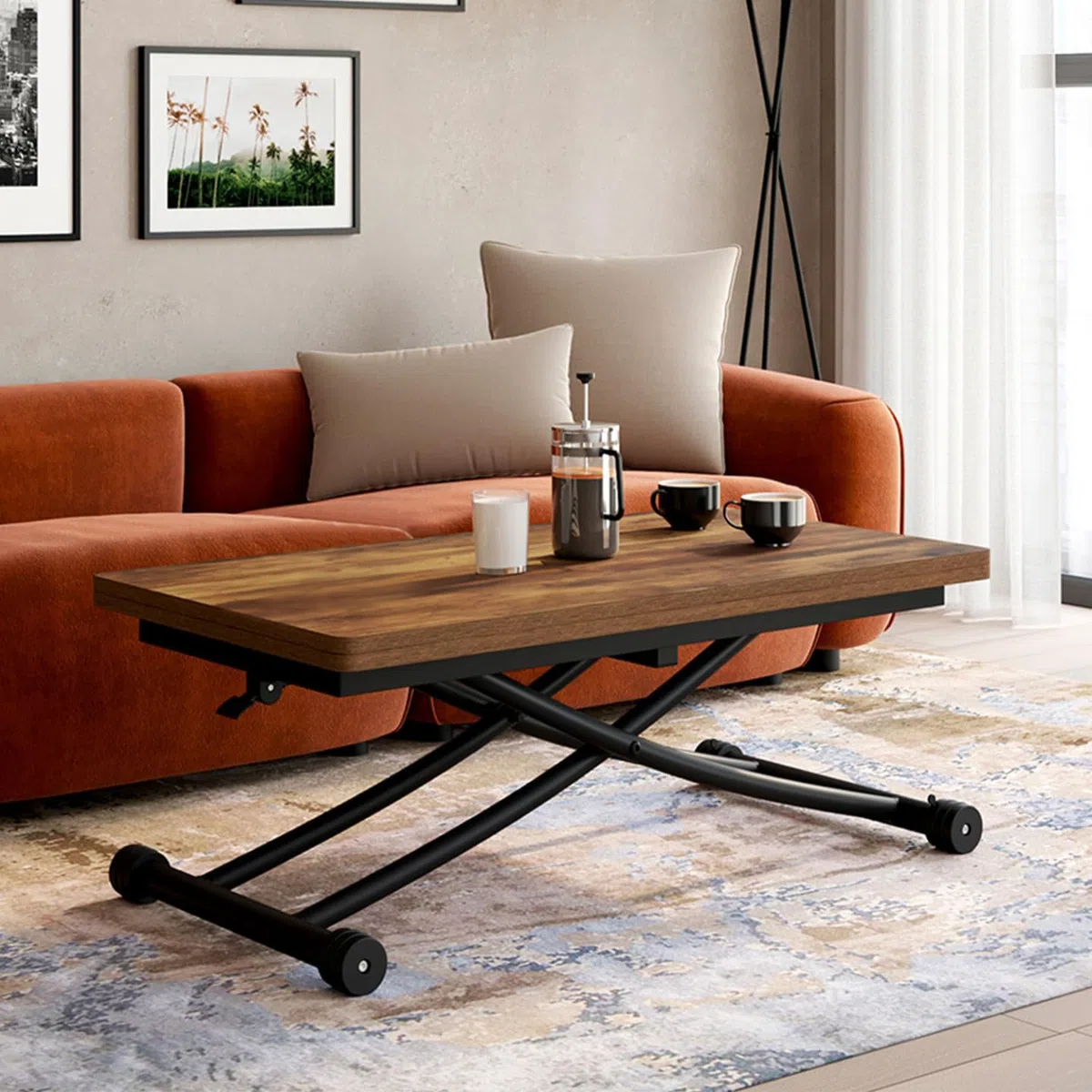 IDMarket - Tavolino 2 in 1 URBANA, trasformabile in tavolo da pranzo rettangolare, 100 cm, legno scuro e nero, design industriale