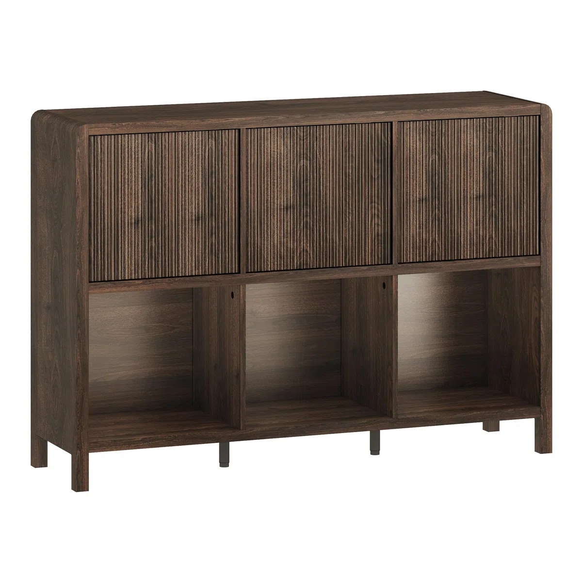 [en.casa] Credenza Bassa Mobile Contenitore con 3 Ante Decorative Push to Open e Scomparti Aperti Sideboard per Soggiorno Corridoio Studio 77x110x30 cm Effetto Noce