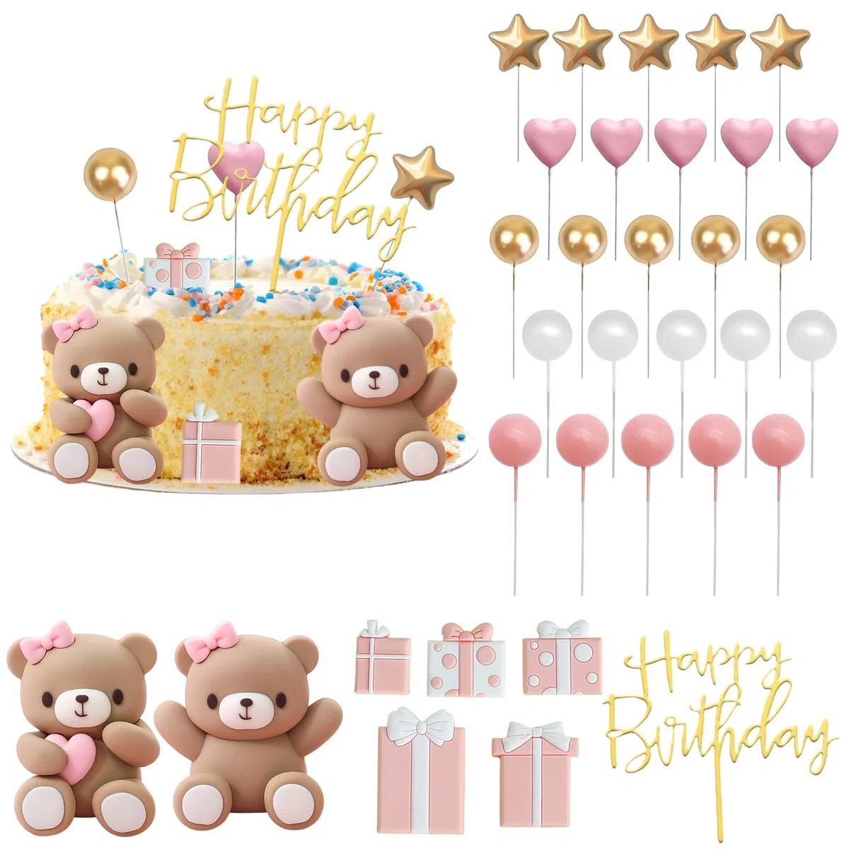 Nizirioo 33 Pezzi Decorazioni per Torte: Decorazioni con Orso Bruno, Compleanno, Topper Foam Ball Torta, Topper per Torta Rosa Set per Baby Shower e Festa di Compleanno
