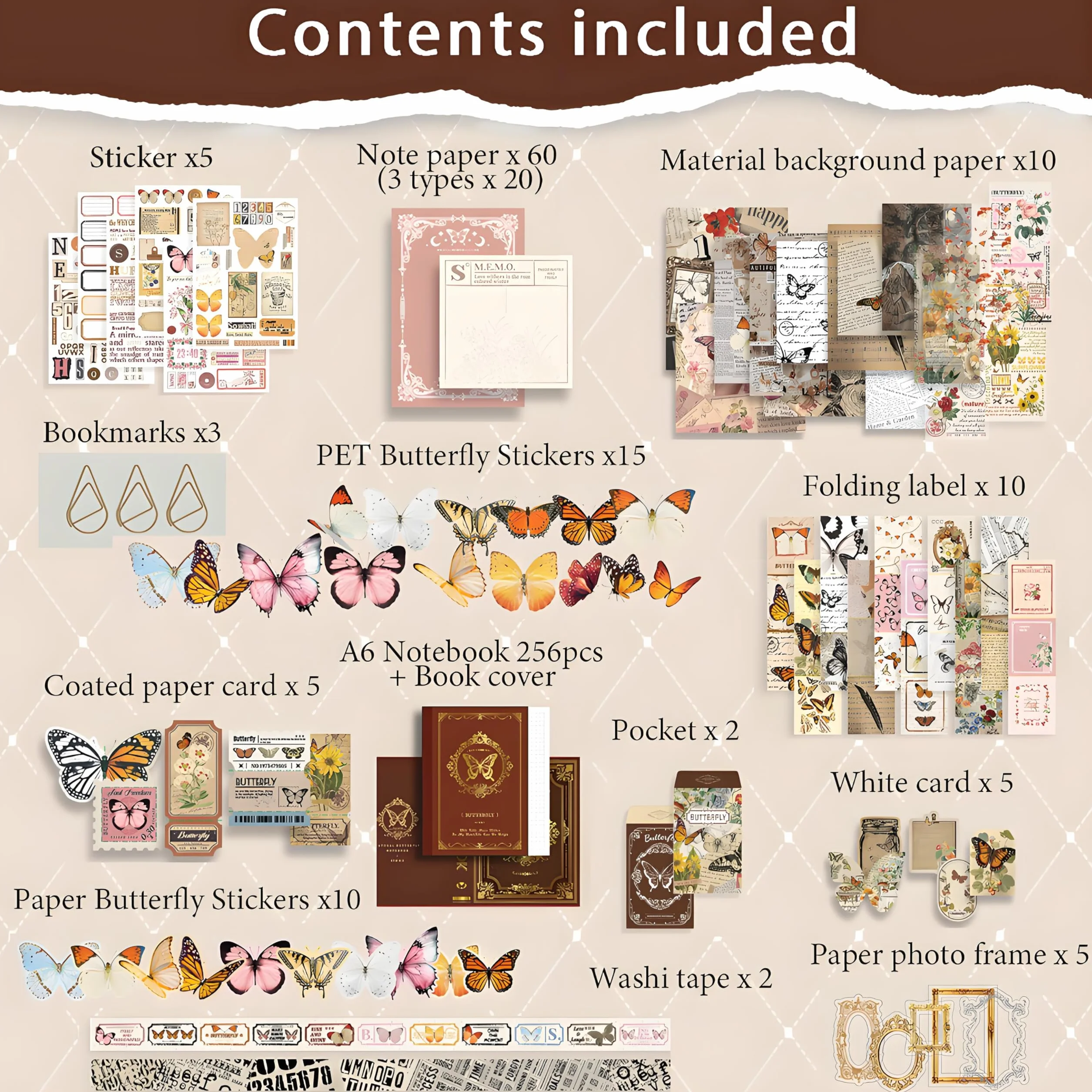 ROEOWENE 394pc Scrapbooking Kit Aesthetic DIY Scrapbooking Accessori Adesivi Vintage Sticker Journal Fai Da Te Junk Journaling Kit Regalo Compleanno per Donne Adolescenti-Farfalla Marrone