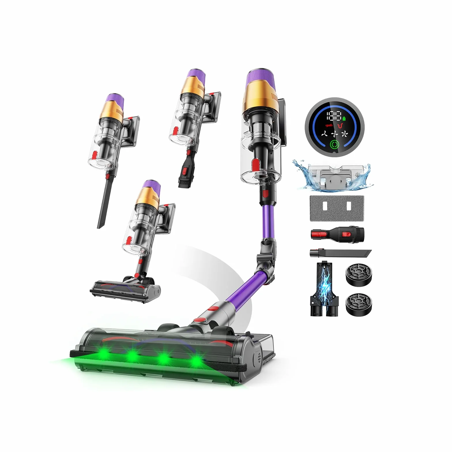 A12 Aspirapolvere Senza Fili 50KPa, 600W, 70Min, Aspirapolvere Scopa con Serbatoio Acqua Rimovibile, Display LED Touch, Spazzola Anti-Groviglio, Pieghevole, per Tappeti, Auto e Cappelli Animali