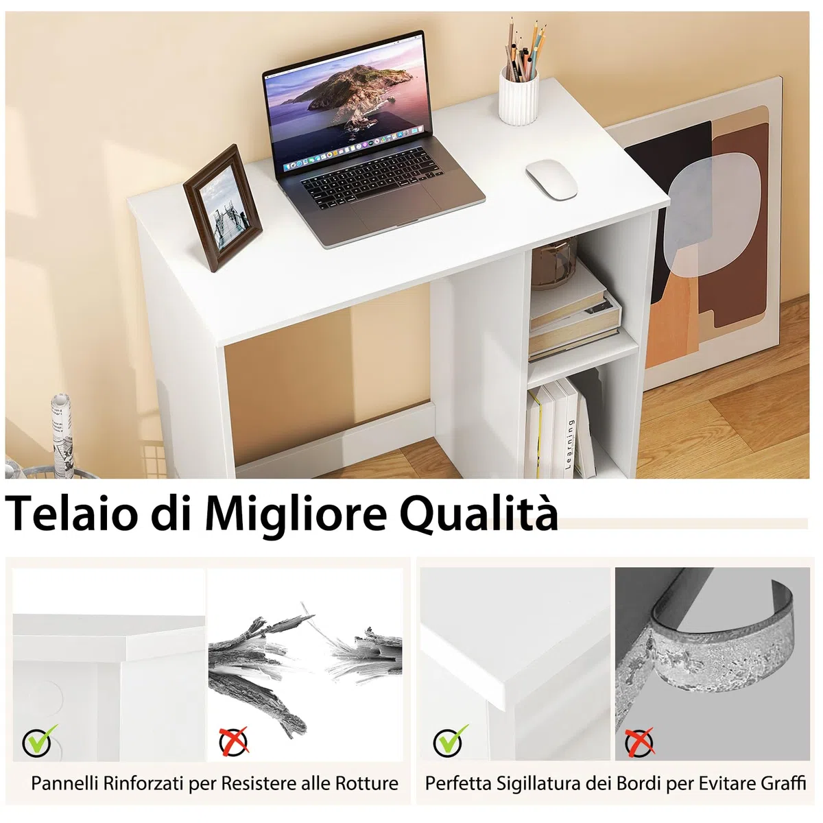 COSTWAY Scrivania per Computer in Legno con 2 Ripiani per Ambienti Piccoli, Scrivania Moderna e Salvaspazio da Casa e Ufficio, 80 x 40 x 74 cm (Bianco)