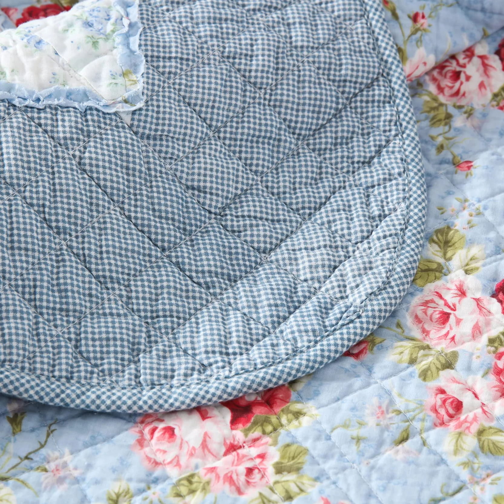 Qucover Patchwork Copriletto, Trapuntato Singolo 150x200 cm,Trapuntino per Primaverile Estivo Coperta in Cotone Shabby chic Stile Country Blu Floreale