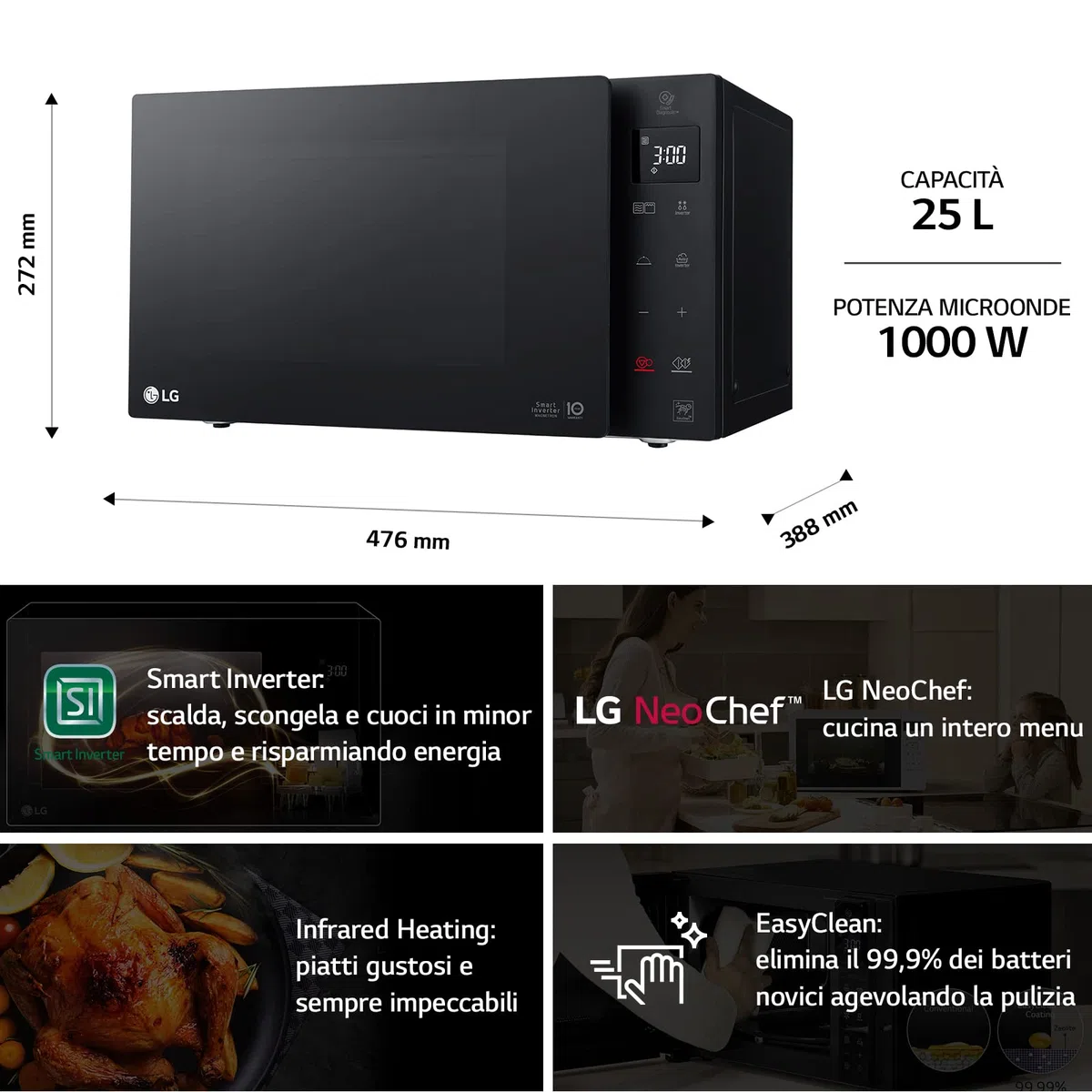 LG MH6535GDS Forno Microonde Smart Inverter con Grill al Quarzo, 25 Litri, 1000 W, Programmi Automatici, Livelli di Potenza Regolabili, Cottura a Vapore - Nero