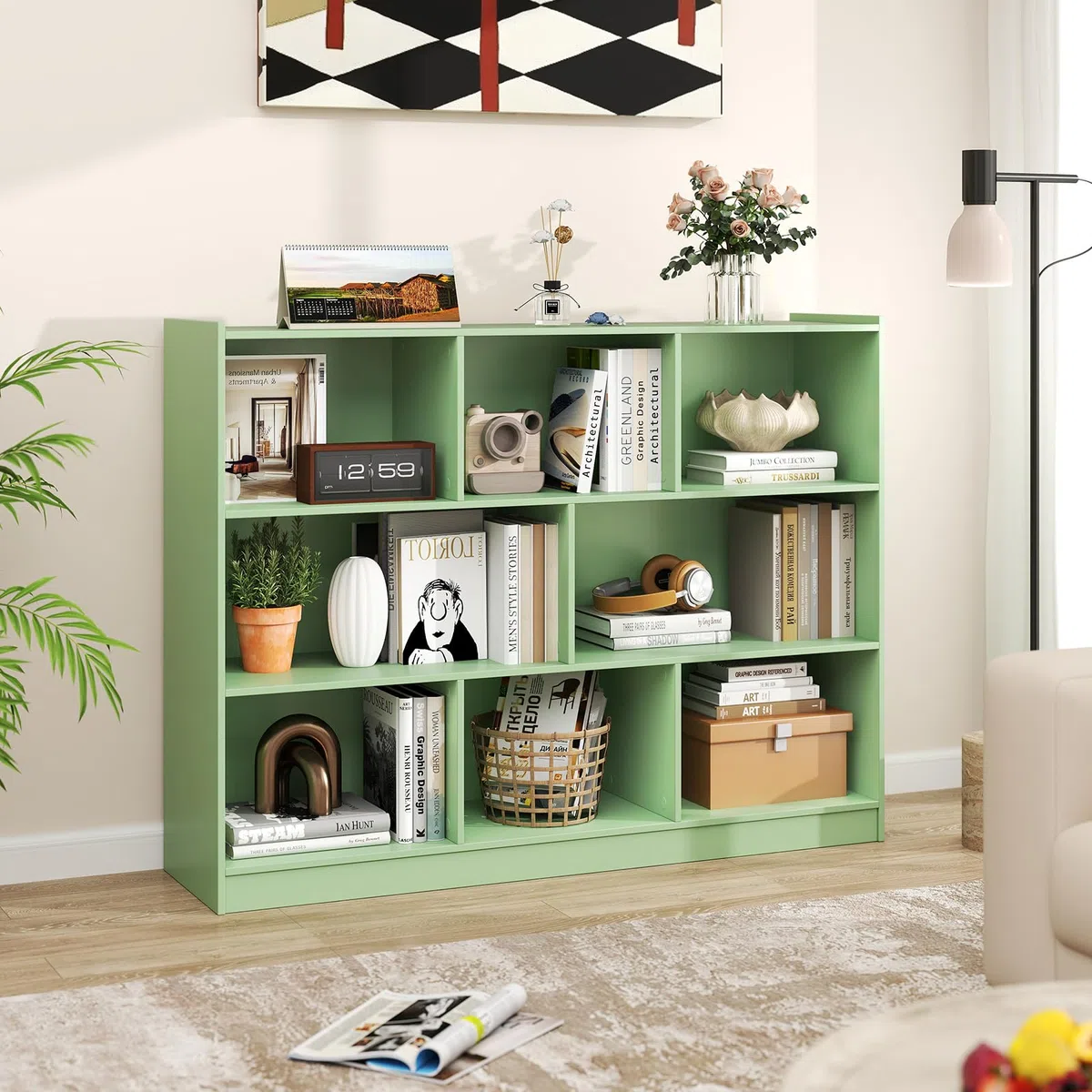 COSTWAY Libreria Scaffale da Terra con 8 Cubi, Libreria Multifunzione in Legno con Anti-ribaltamento, Salvaspazio per Cameretta, Soggiorno e Studio, Portata 220 kg, 122 x 32 x 93 cm (Verde)