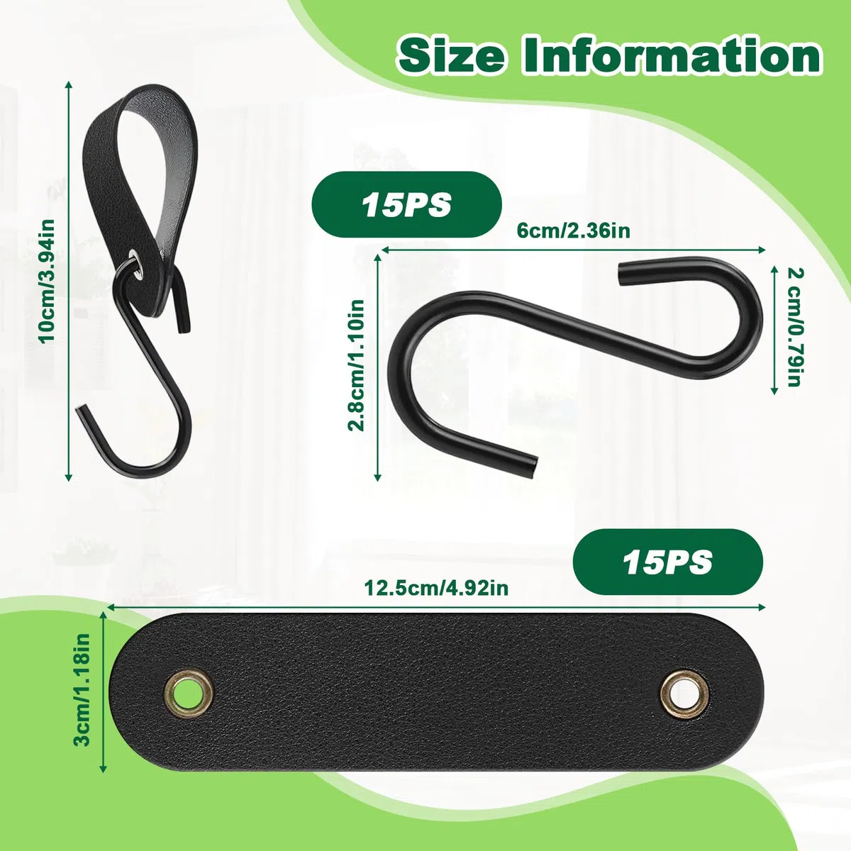 15Pcs Ganci a S con Striscia Pelle, Gancio Appendiabiti Campeggio Acciaio Inox Nero, Ganci Cappotti Passeggino Gancetti Cucina Metallo Multifunzionali per Appendere Vestiti Asciugamani Armadio Tazze
