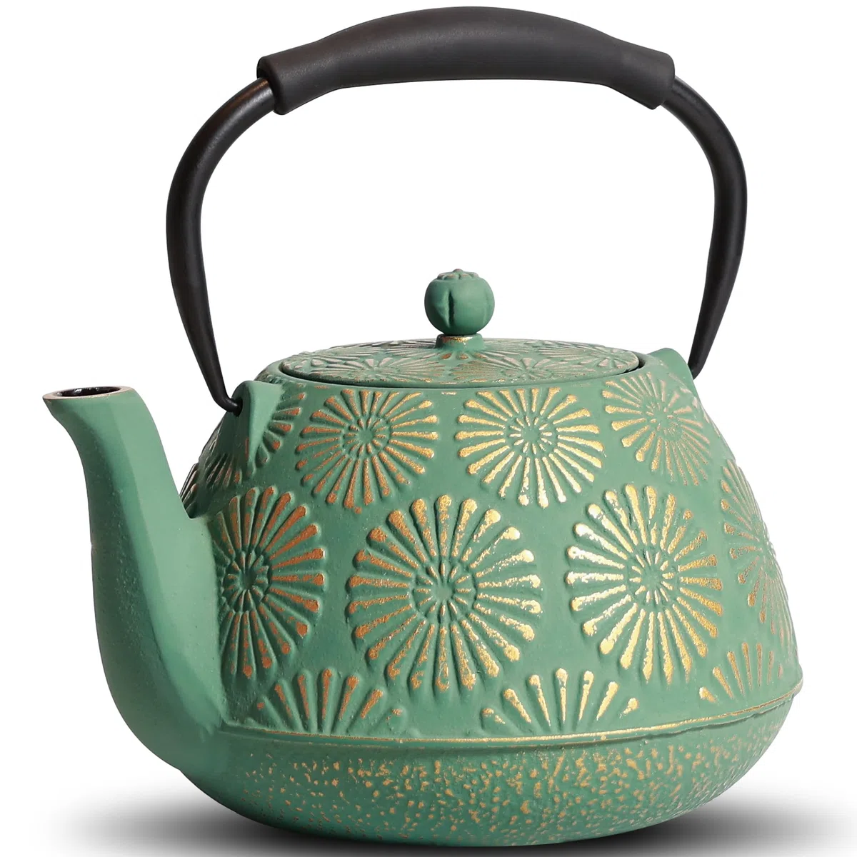 Teiera in ghisa, grande capacità da 1200 ml con infusore per cucina, design giapponese sakura per tè in foglie con interno smaltato, manico in silicone 1200 ml Verde