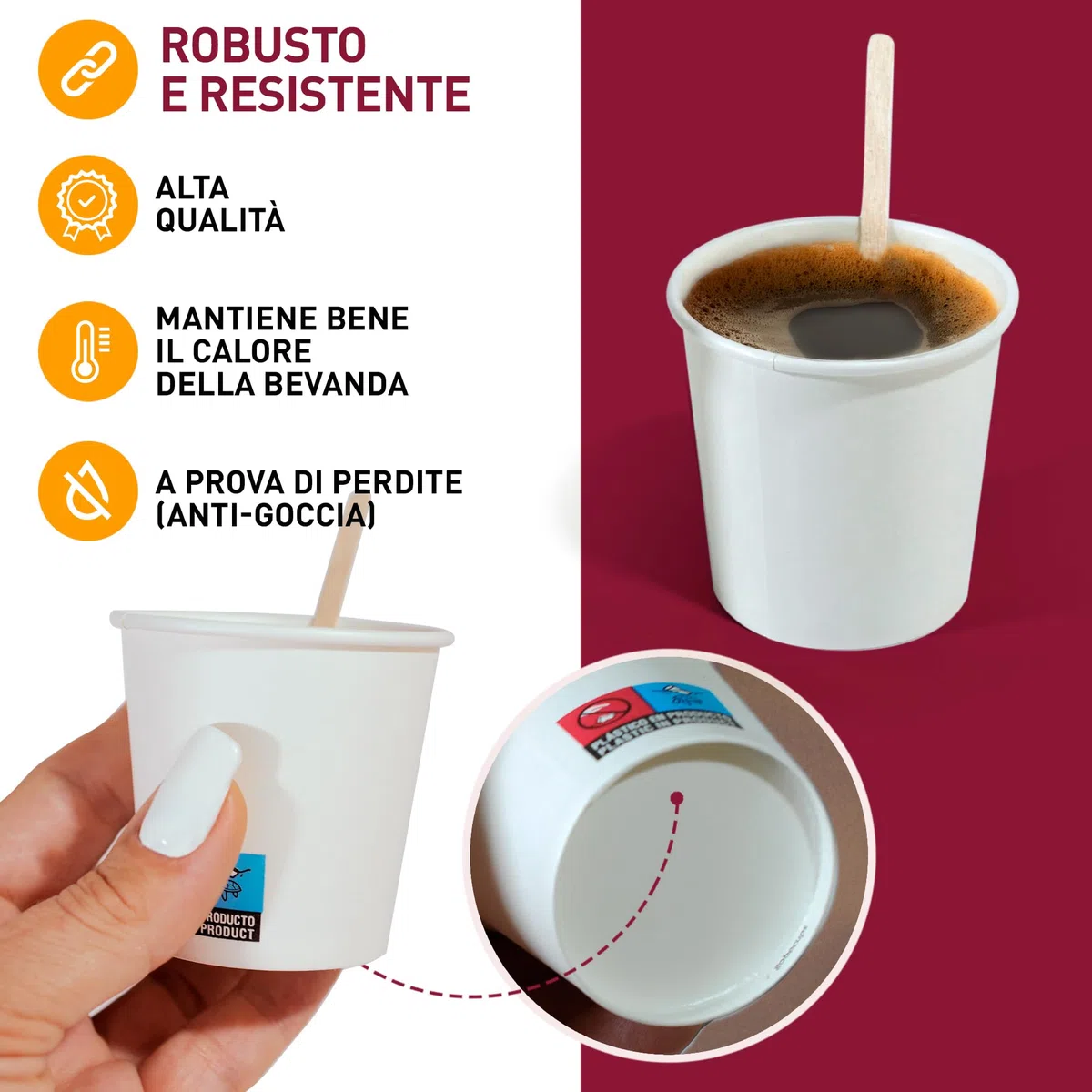 200 Bicchieri di Carta Bianchi Usa e Getta da 110 ml / 4 oz per Caffè con Stiracchiere in Legno, Resistenti, a Prova di Perdite e Senza Odori. Bicchieri di carta usa e getta.