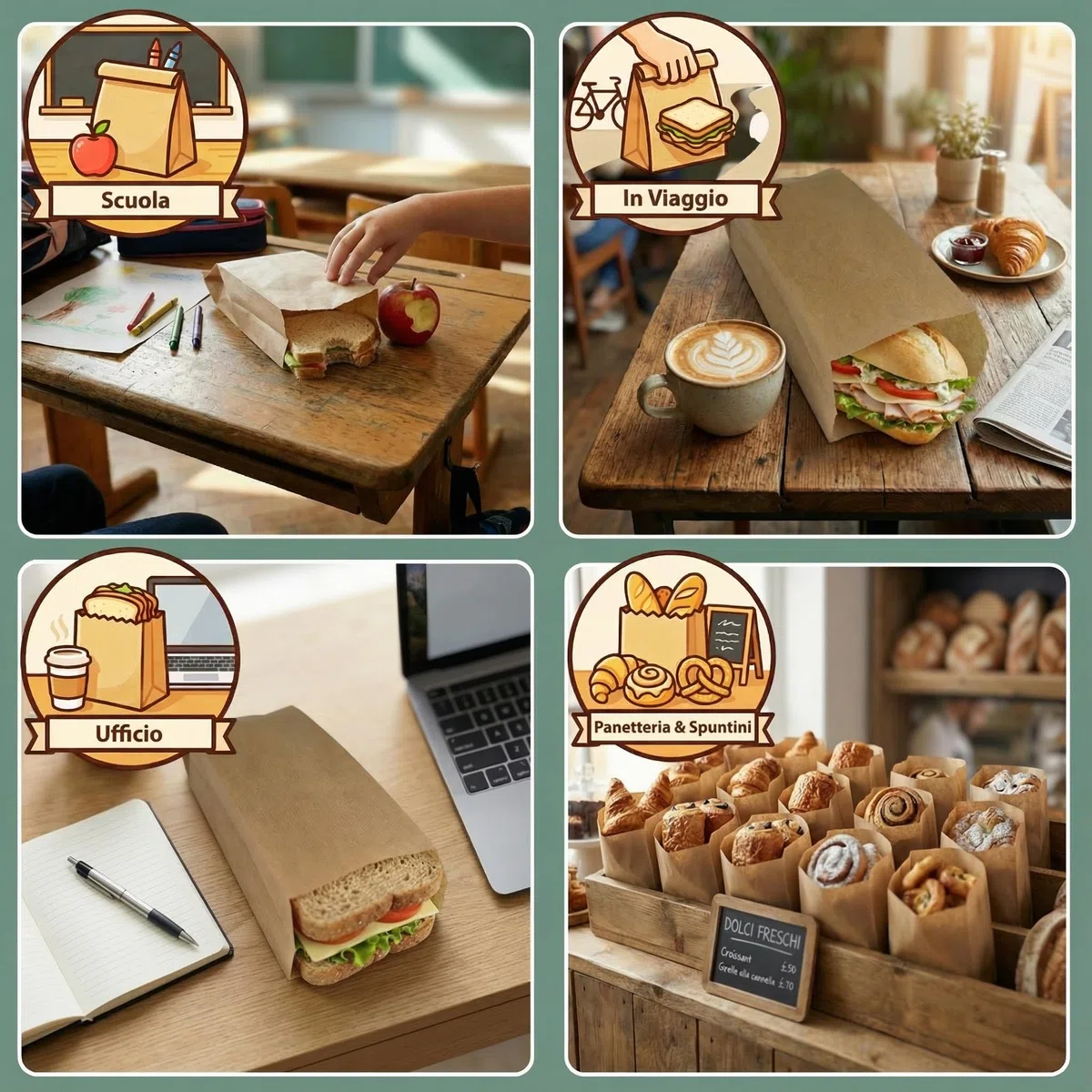 250 Sacchetti Carta per Alimenti - Sacchetti Pane Carta Kraft - Buste Alimentari, Confetti, Biscotti Marrone 12x5x27cm